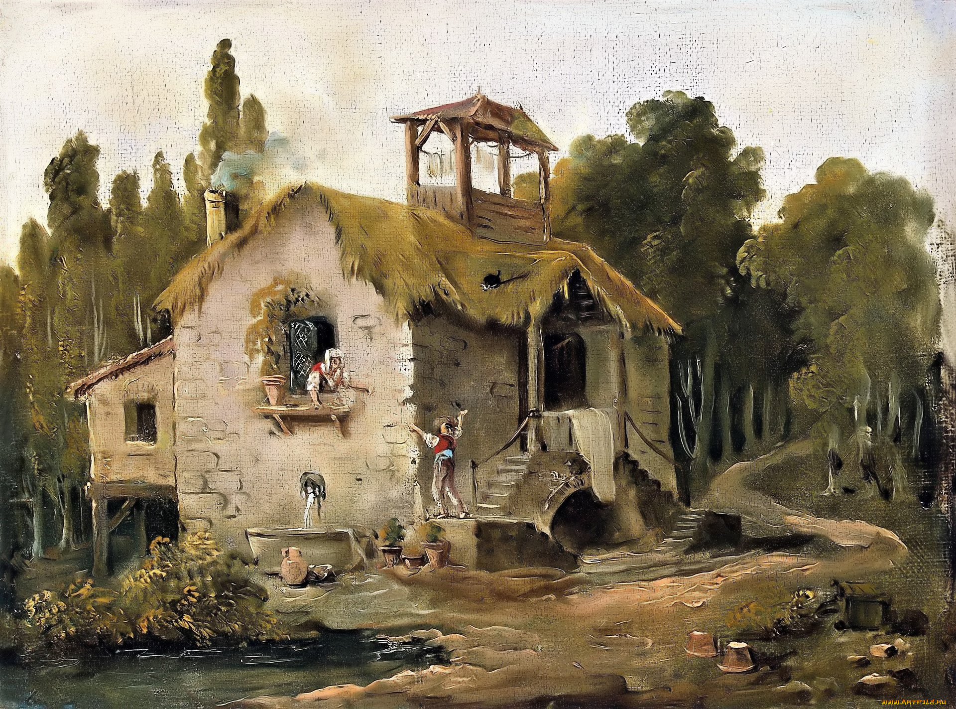cottage, in, the, forest-hubert, robert, рисованное, живопись, дом, люди, дорога, деревья