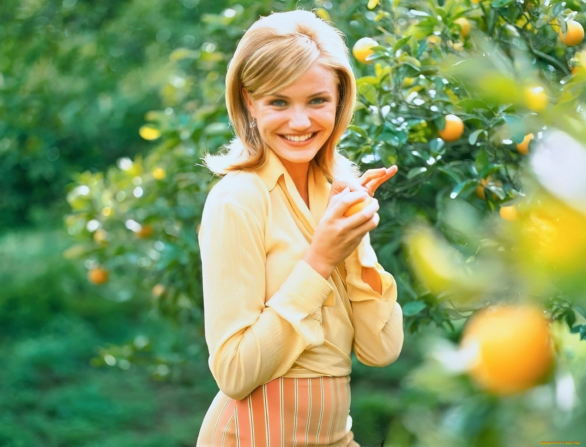 девушки, cameron, diaz, блондинка, блузка, сад, фрукты