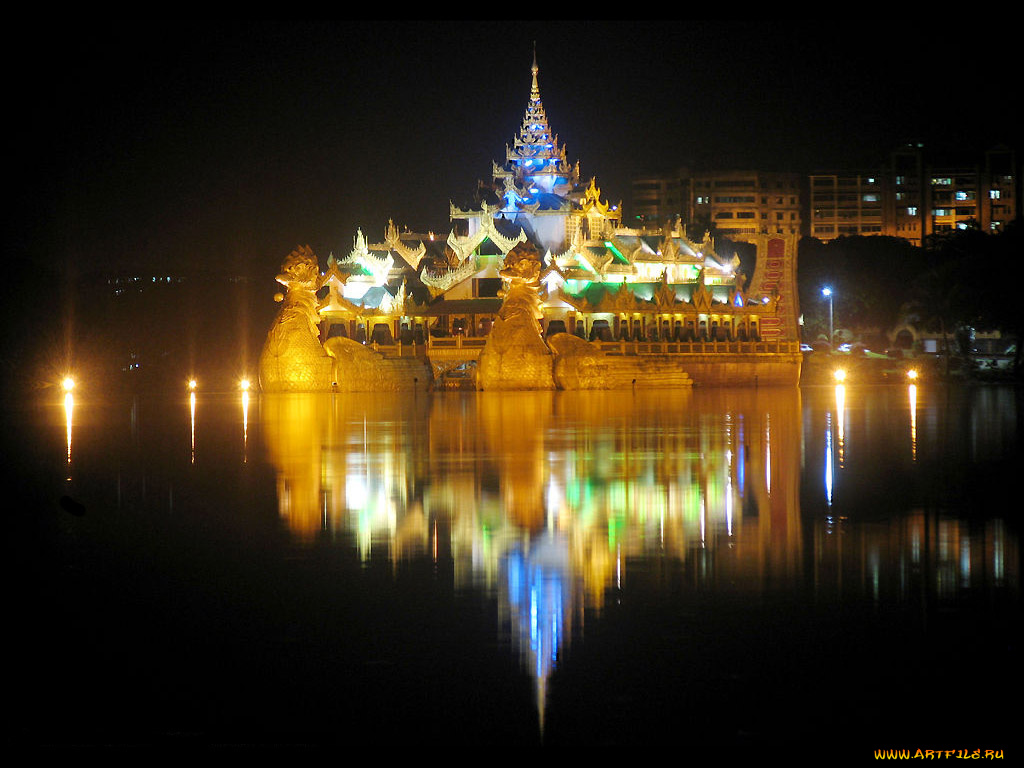 города, огни, ночного, yangon, myanmar