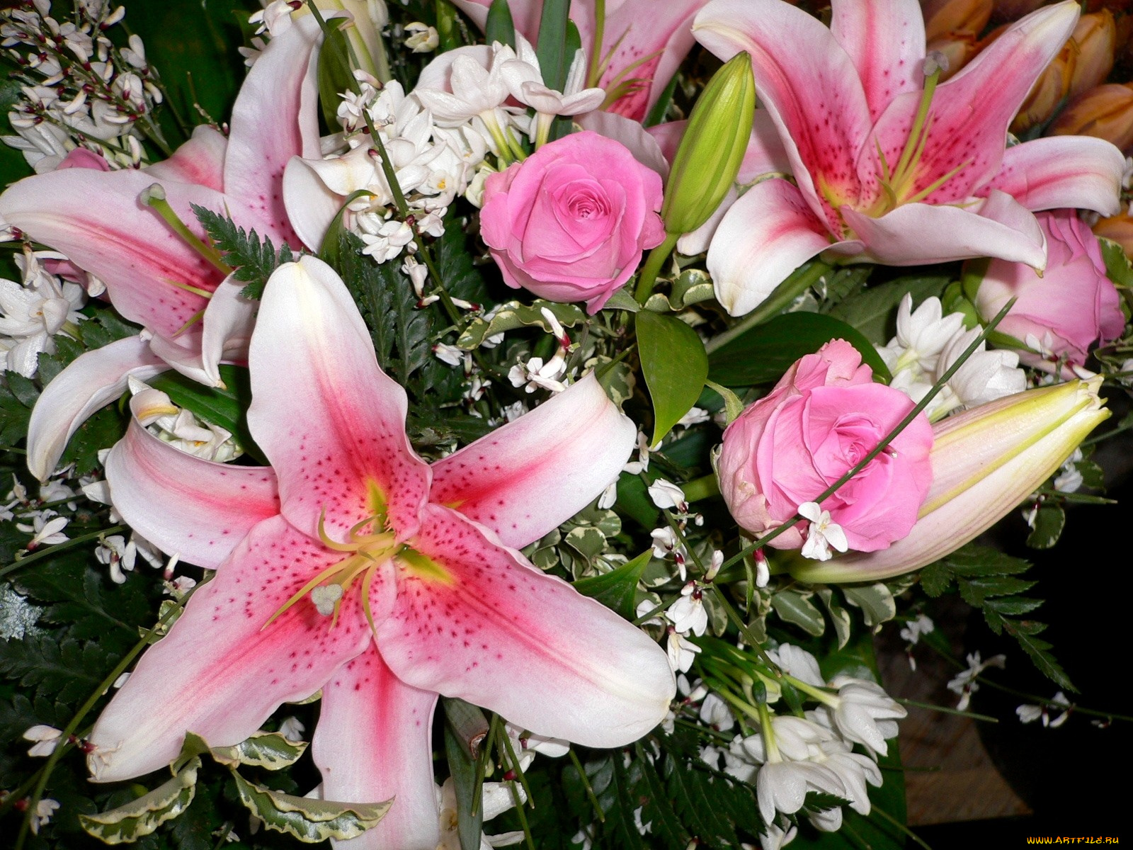 цветы, разные, вместе, лилии, розы