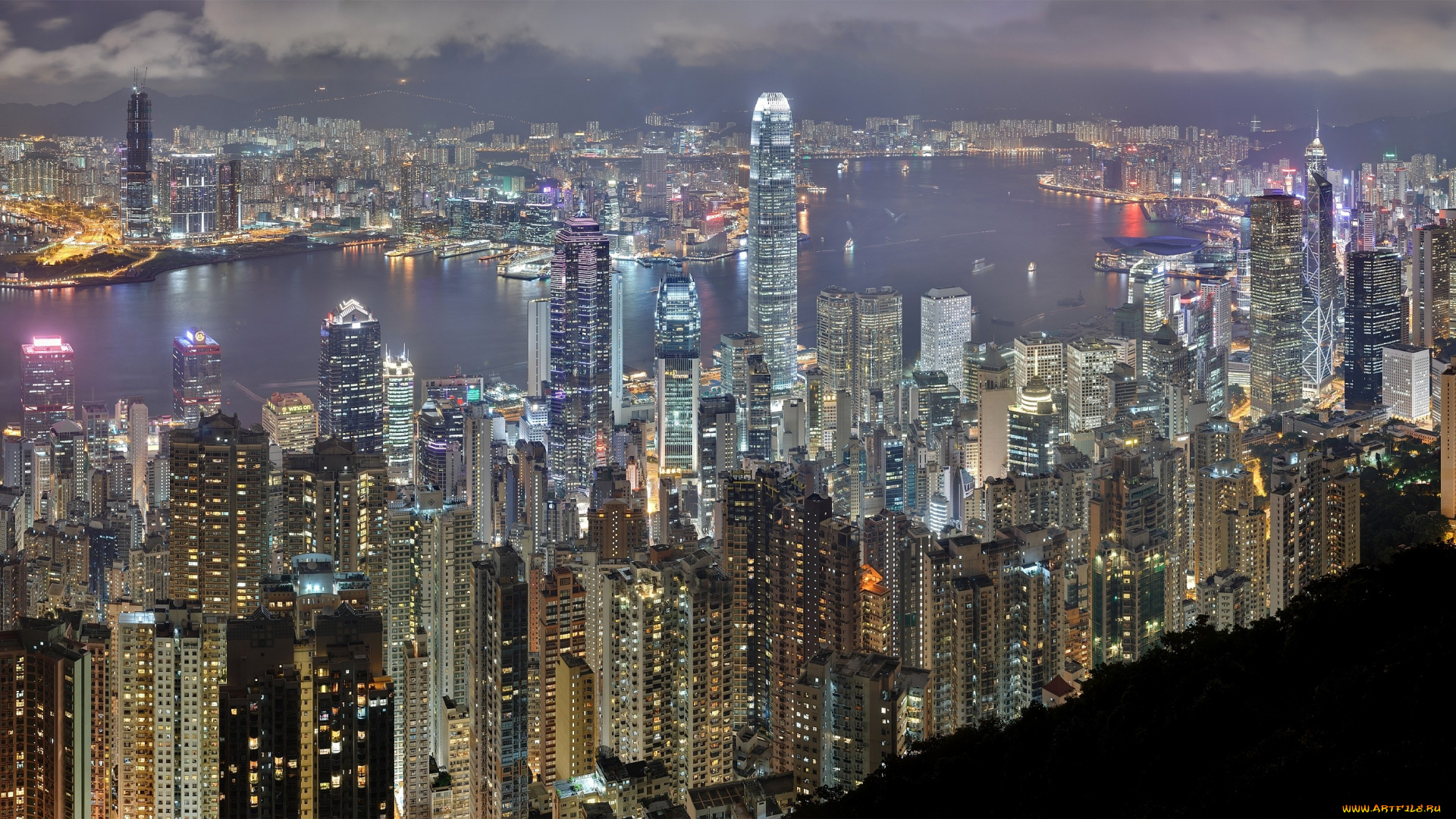 гонконг, города, китай, здания, ночь, небоскребы