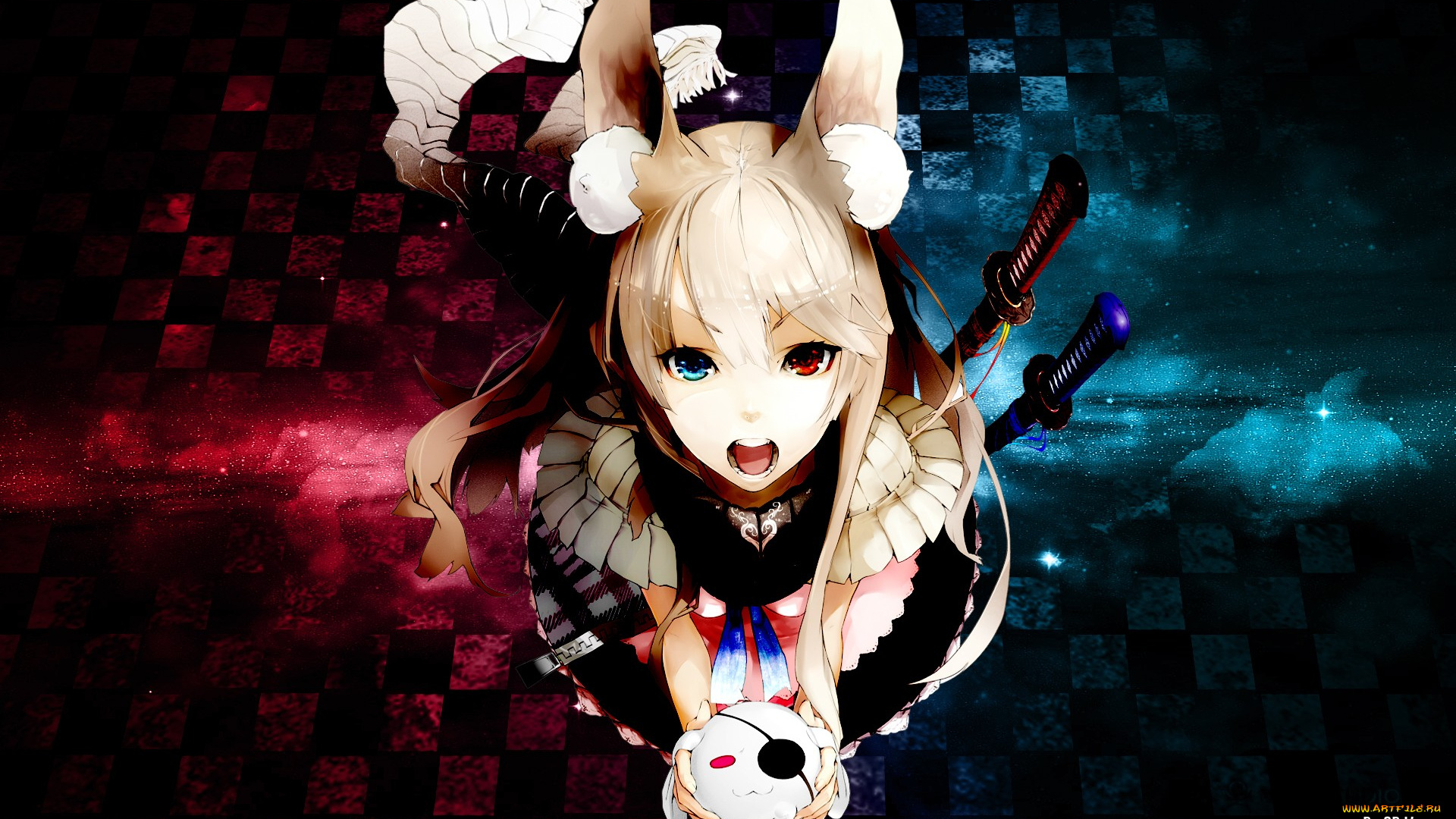 аниме, animals, череп, кролик, девушка, мечи, ушки