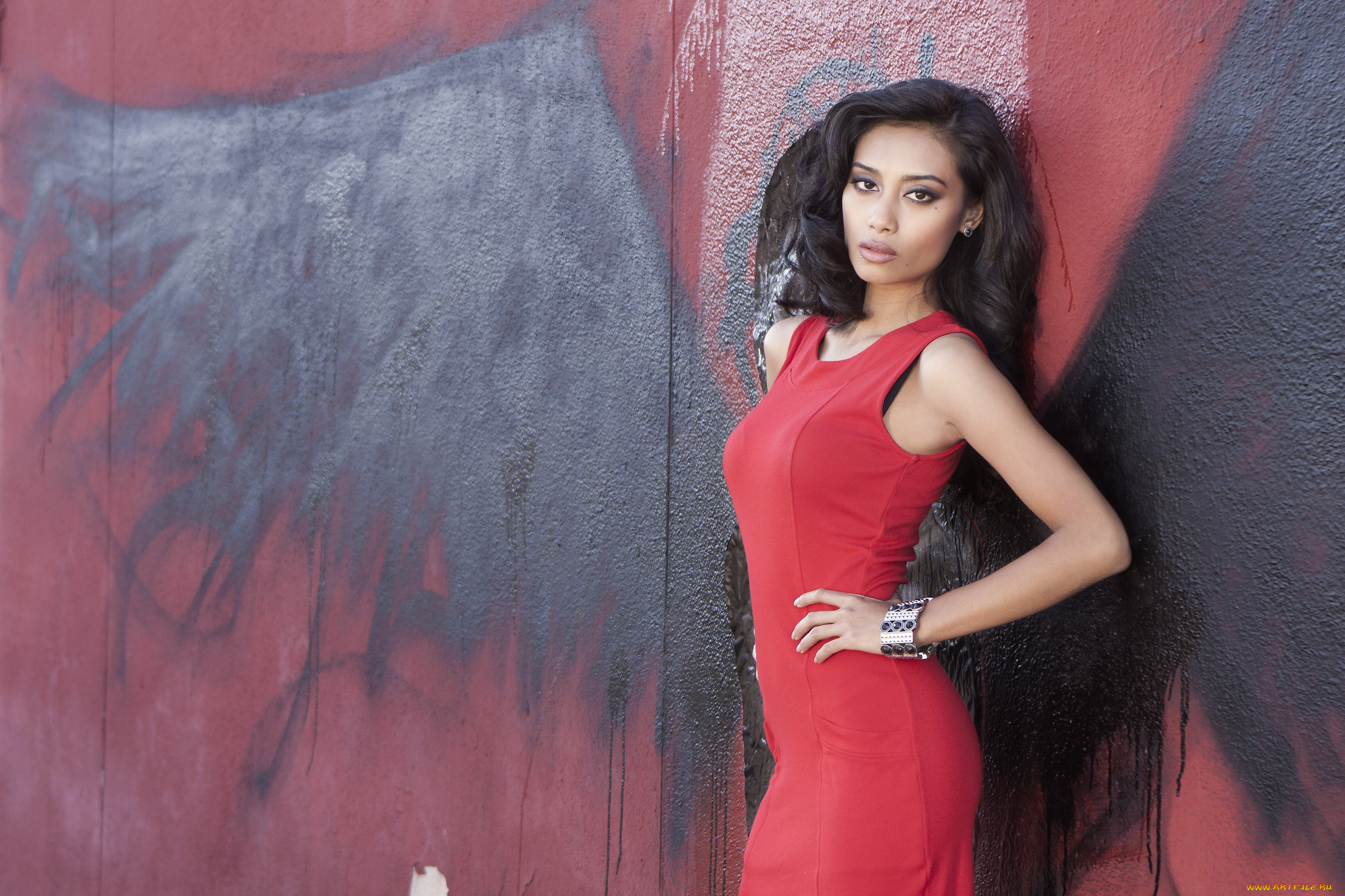 -Unsort, Брюнетки, Шатенки, девушки, unsort, брюнетки, шатенки, граффити, красное, платье, стена, браслет