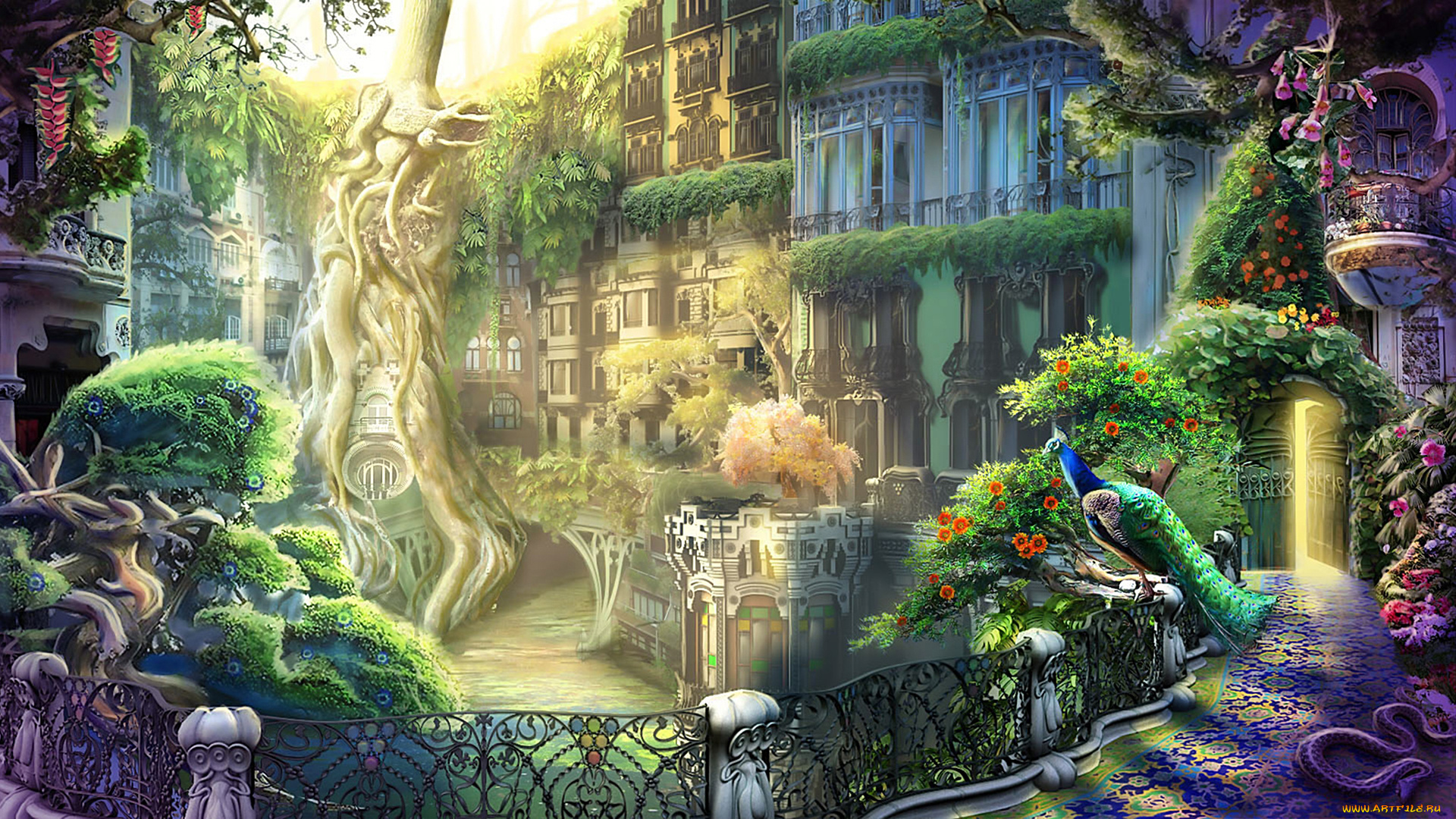 фэнтези, пейзажи, павлин