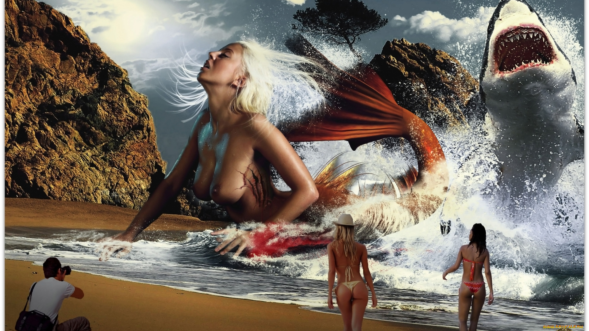фэнтези, русалки, русалка, акула, прибой, рана, кровь, луна, берег.