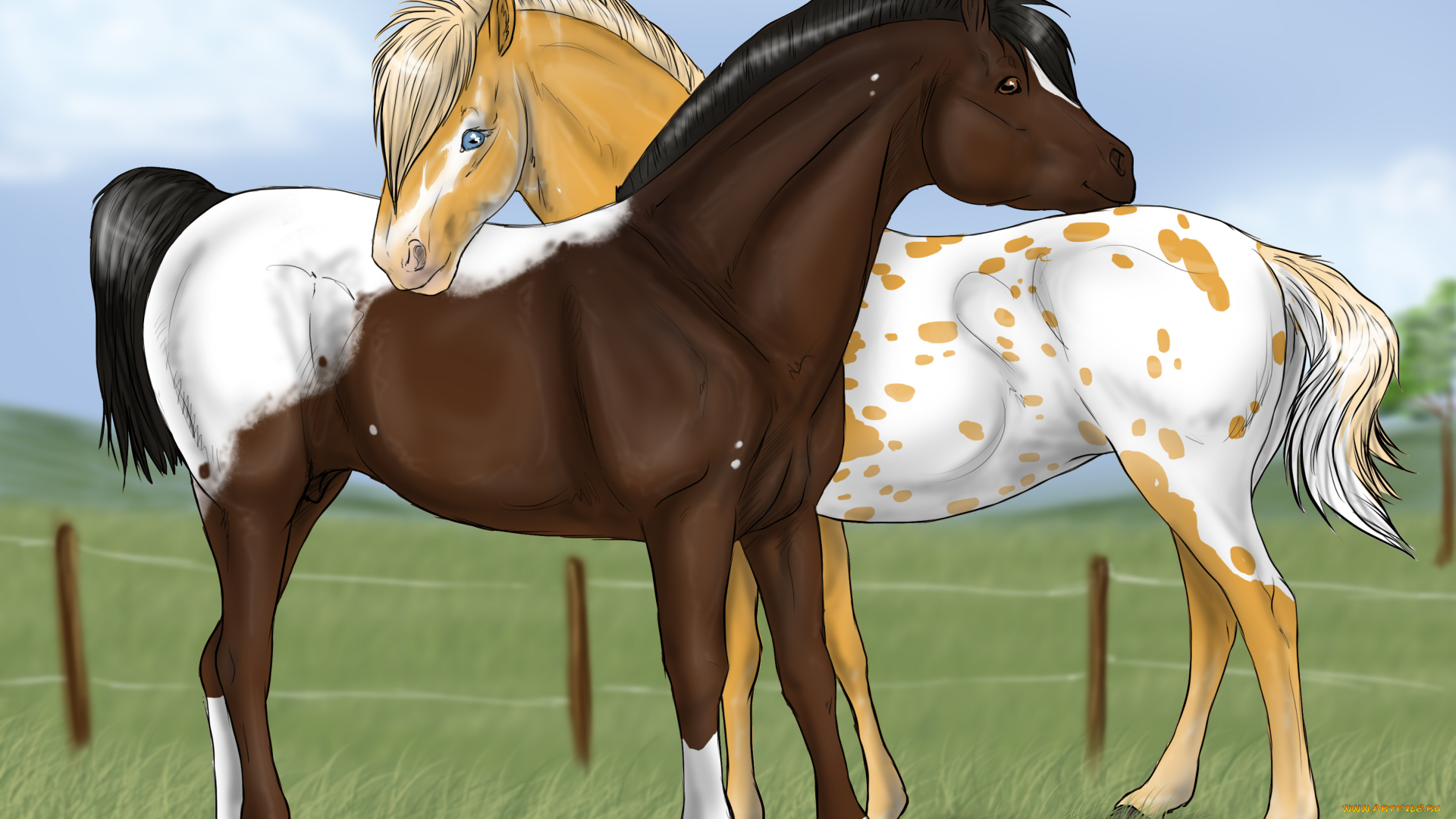 рисованные, животные, лошади, луг