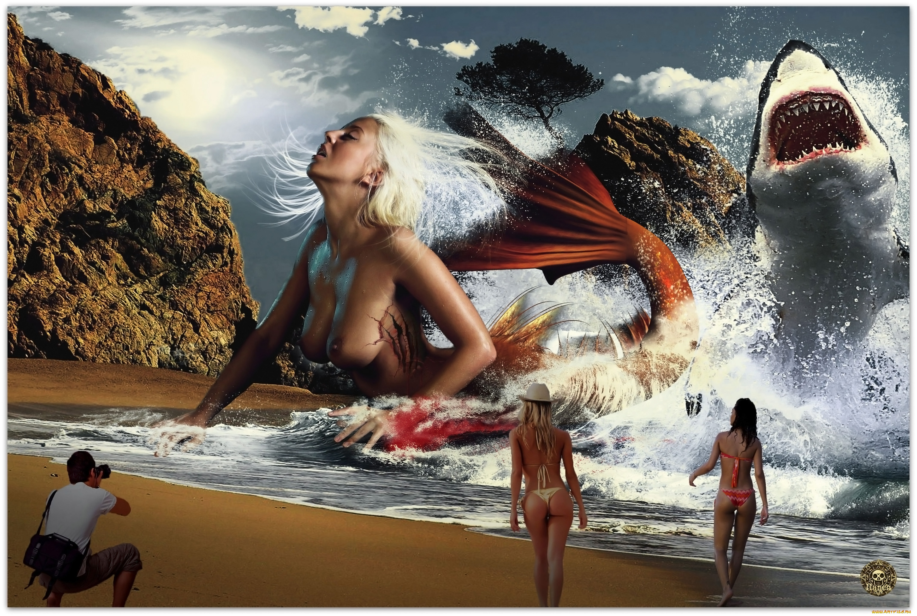 фэнтези, русалки, русалка, акула, прибой, рана, кровь, луна, берег.