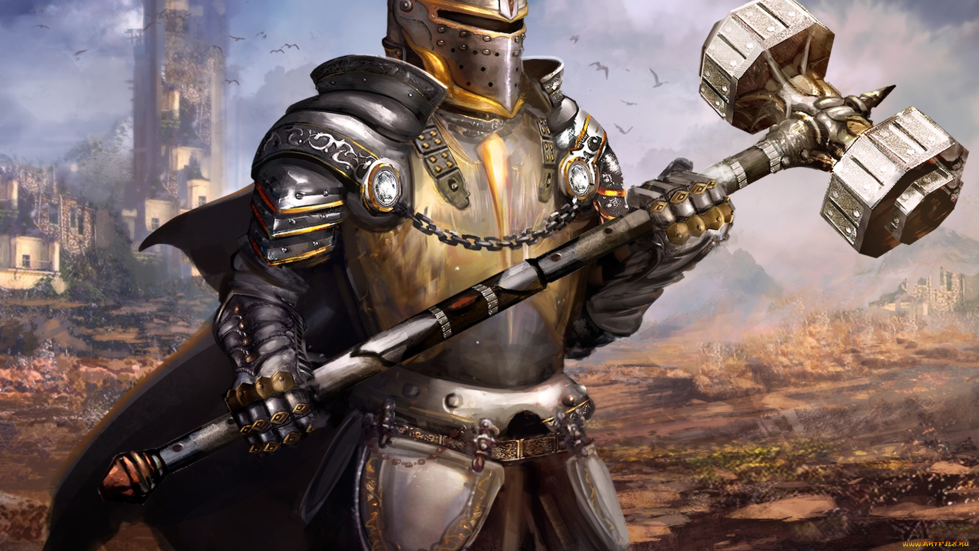 фэнтези, люди, кувалда, шлем, доспехи, арт, фантастика