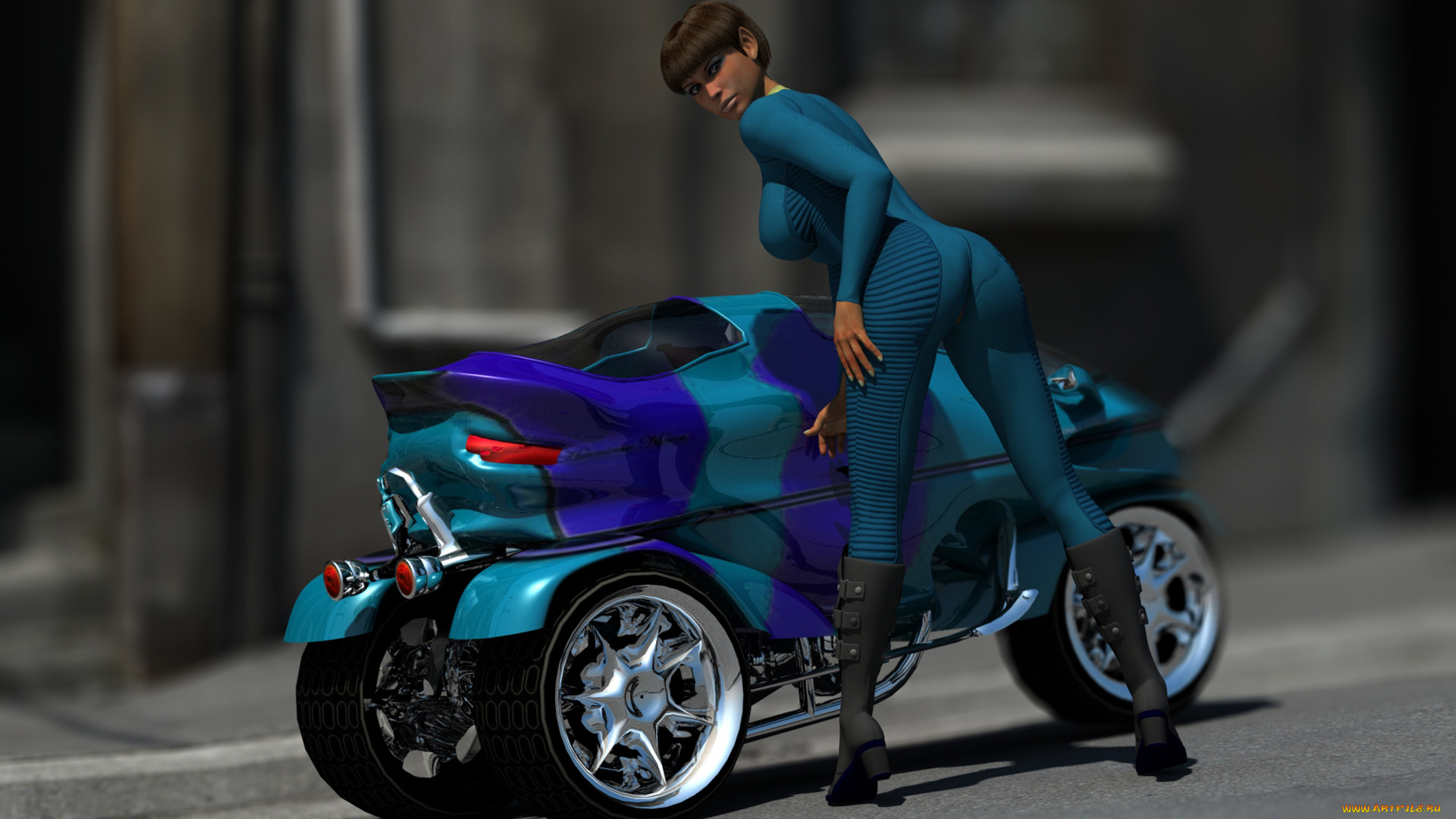 мотоциклы, 3d, мотоцикл, взгляд, девушка