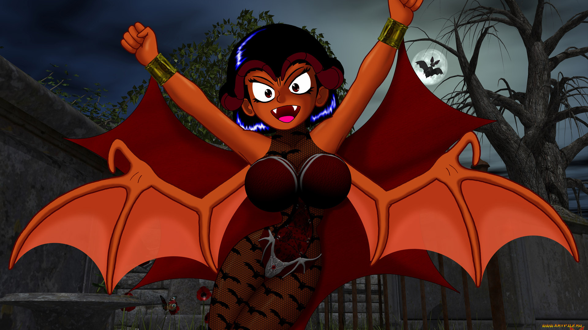 рисованные, -, другое, эльфийка, взгляд, девушка, демон, крылья