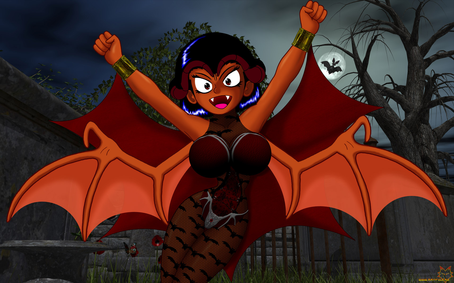 рисованные, -, другое, эльфийка, взгляд, девушка, демон, крылья