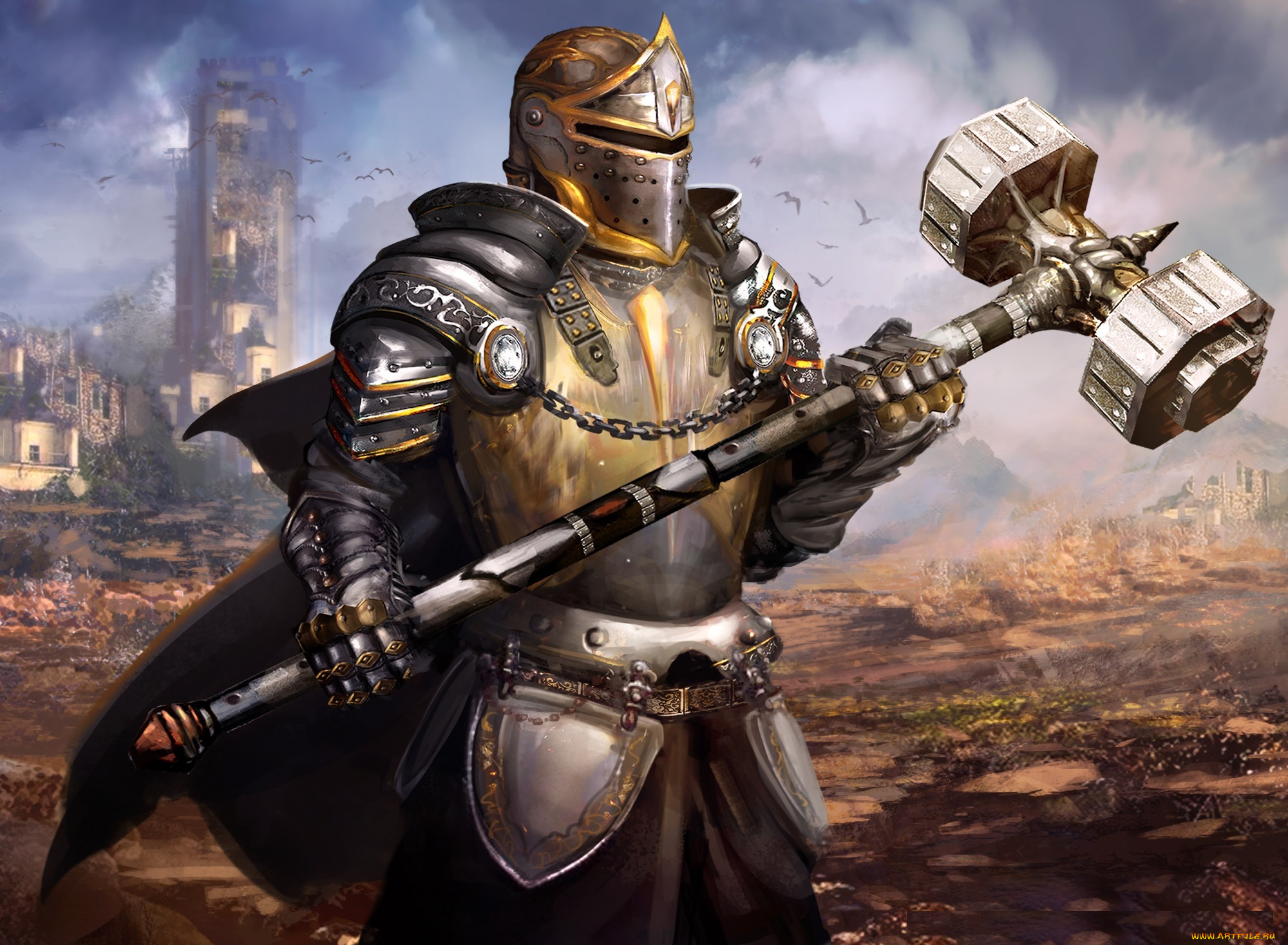 фэнтези, люди, кувалда, шлем, доспехи, арт, фантастика