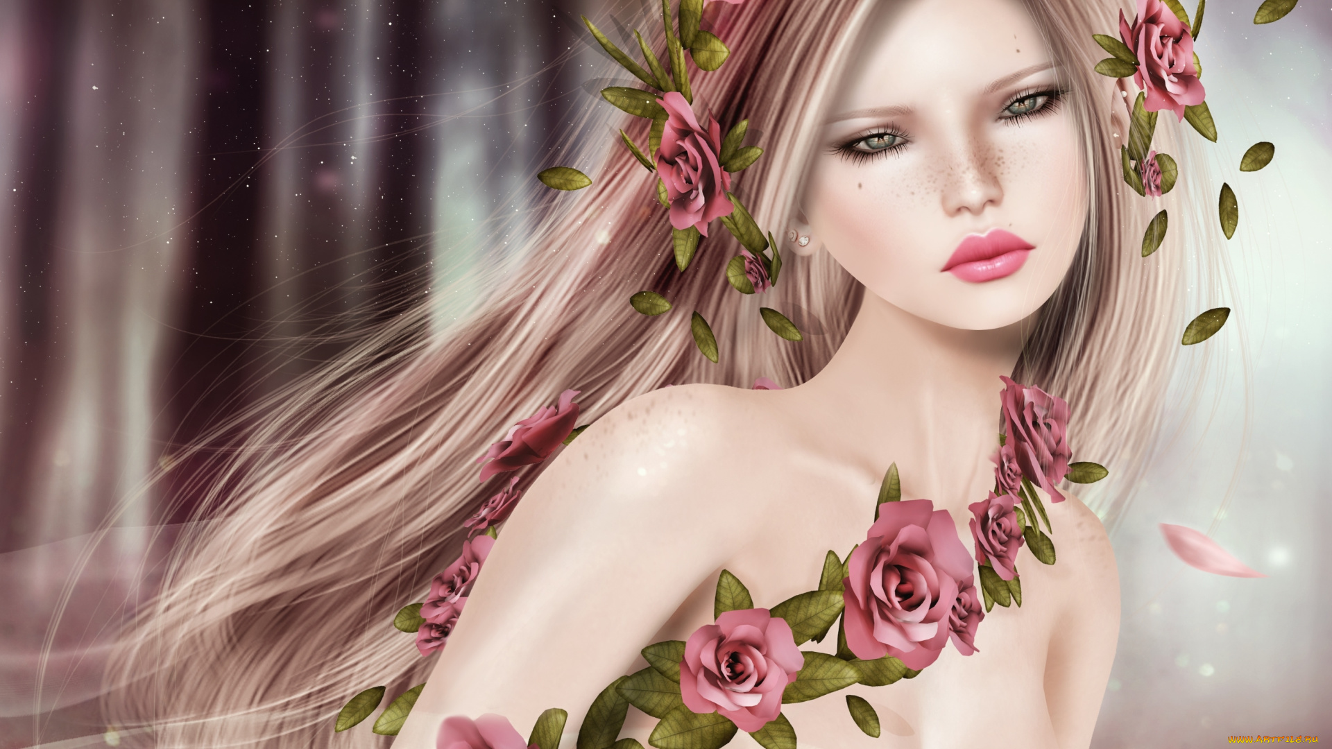 3д, графика, портрет, , portraits, цветы, портрет, волосы, лицо, девушка