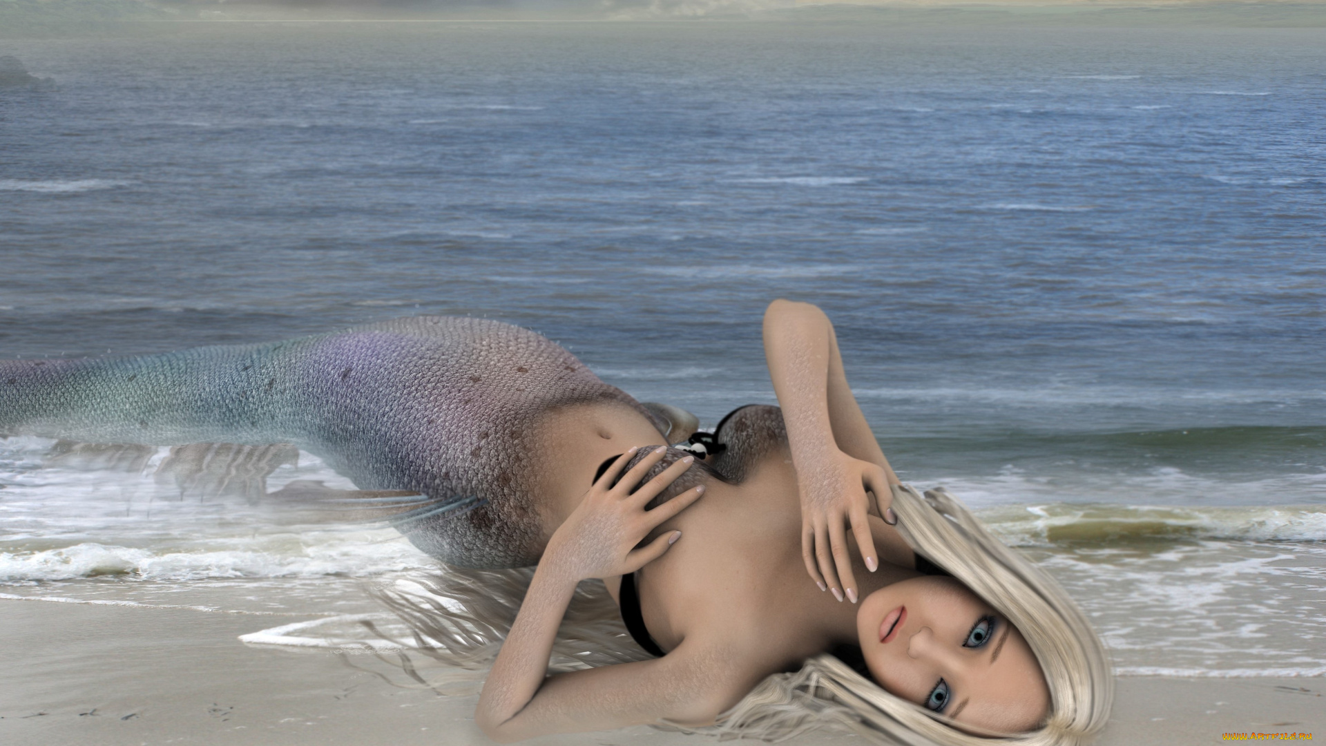 3д, графика, существа, , creatures, девушка, взгляд, фон, море, русалка