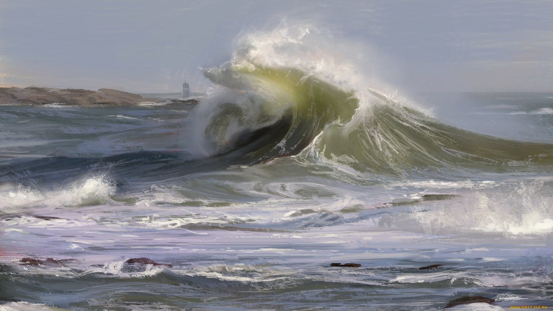 рисованное, природа, море, michele, tanner, волна