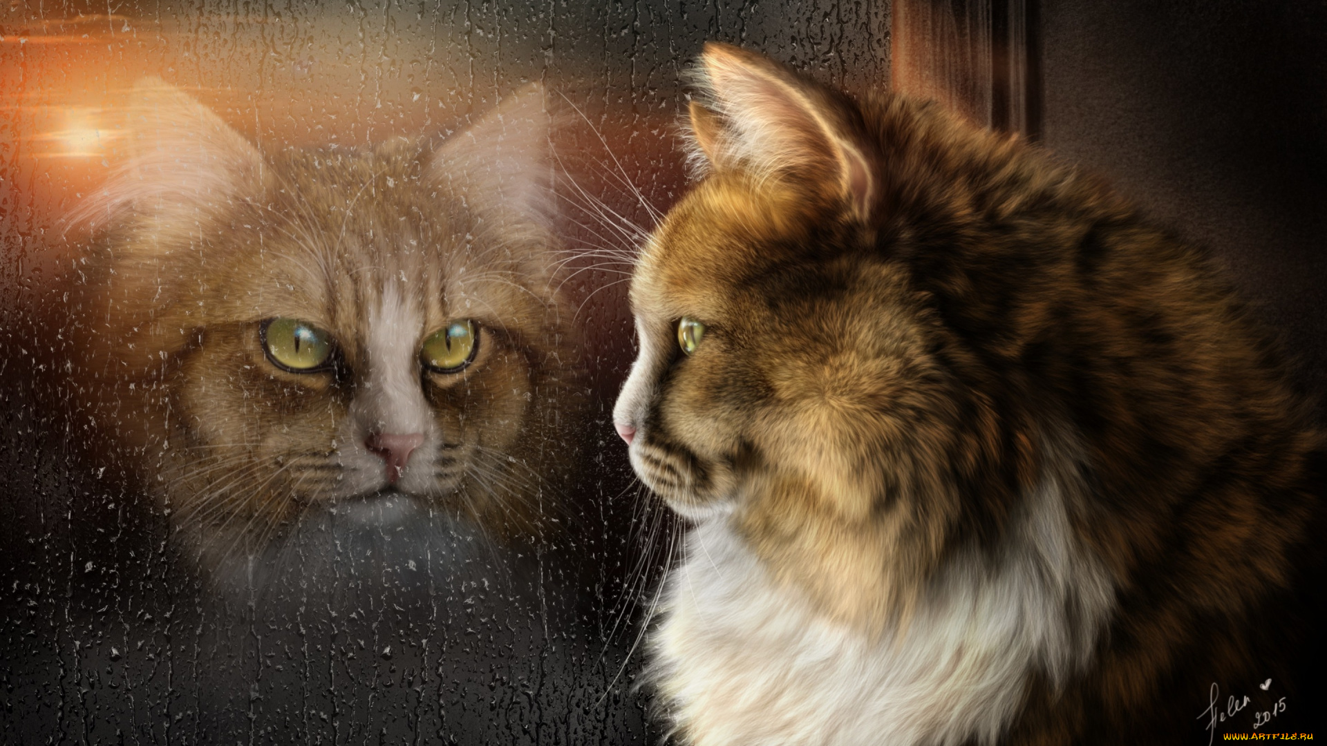 рисованное, животные, , коты, отражение, дождь, кот, настроение, окно