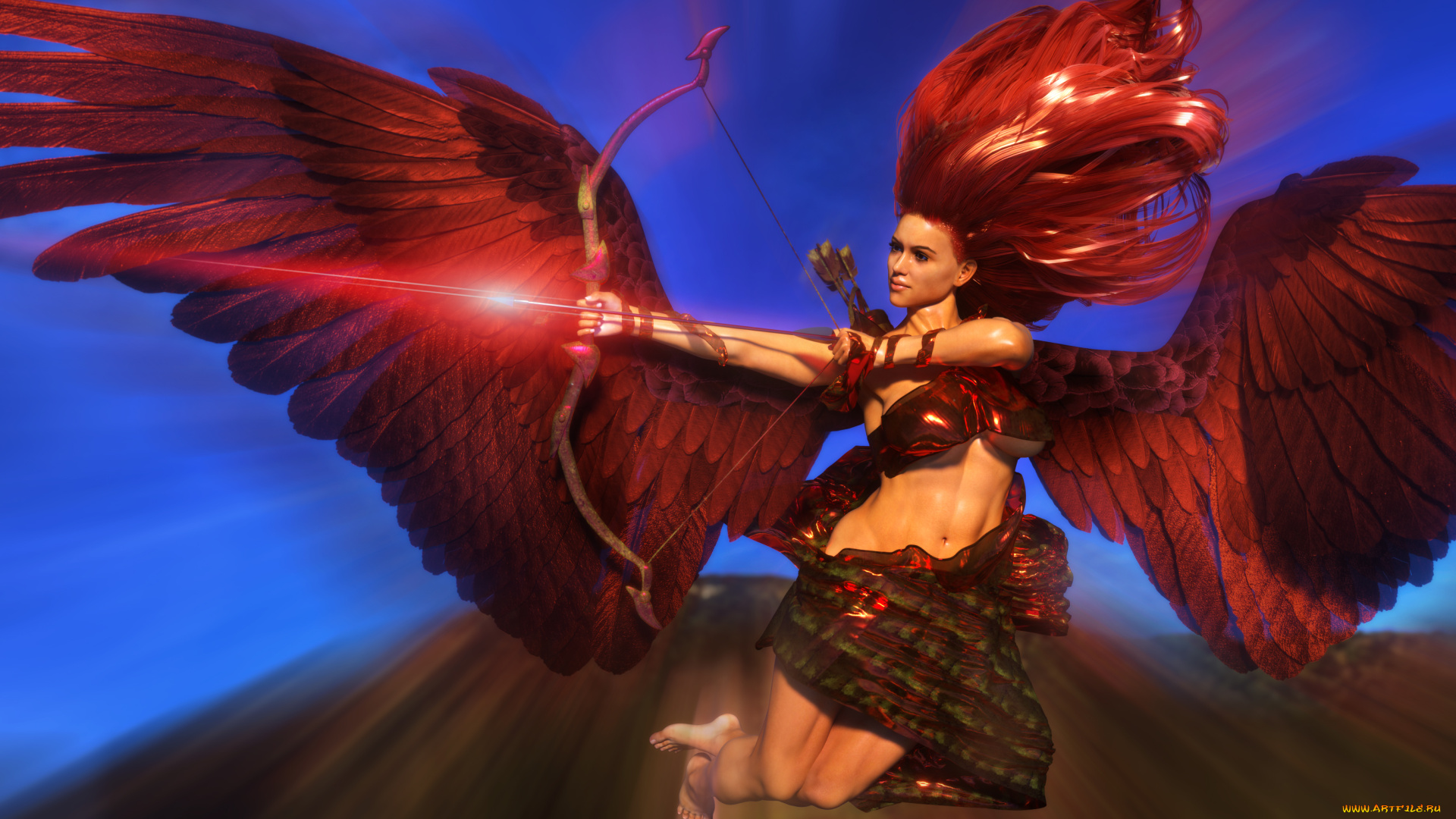3д, графика, ангел, , angel, стрела, фон, взгляд, девушка, лук, ангел