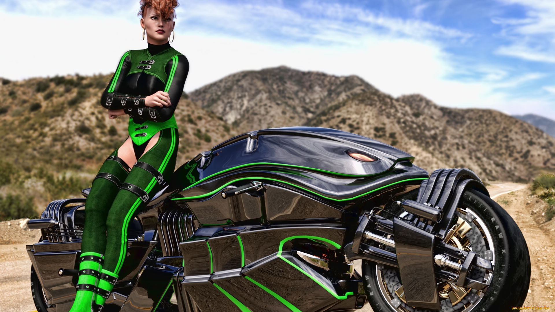 3д, графика, люди-авто, мото, , people-, car, , , moto, девушка, взгляд, фон, мотоцикл
