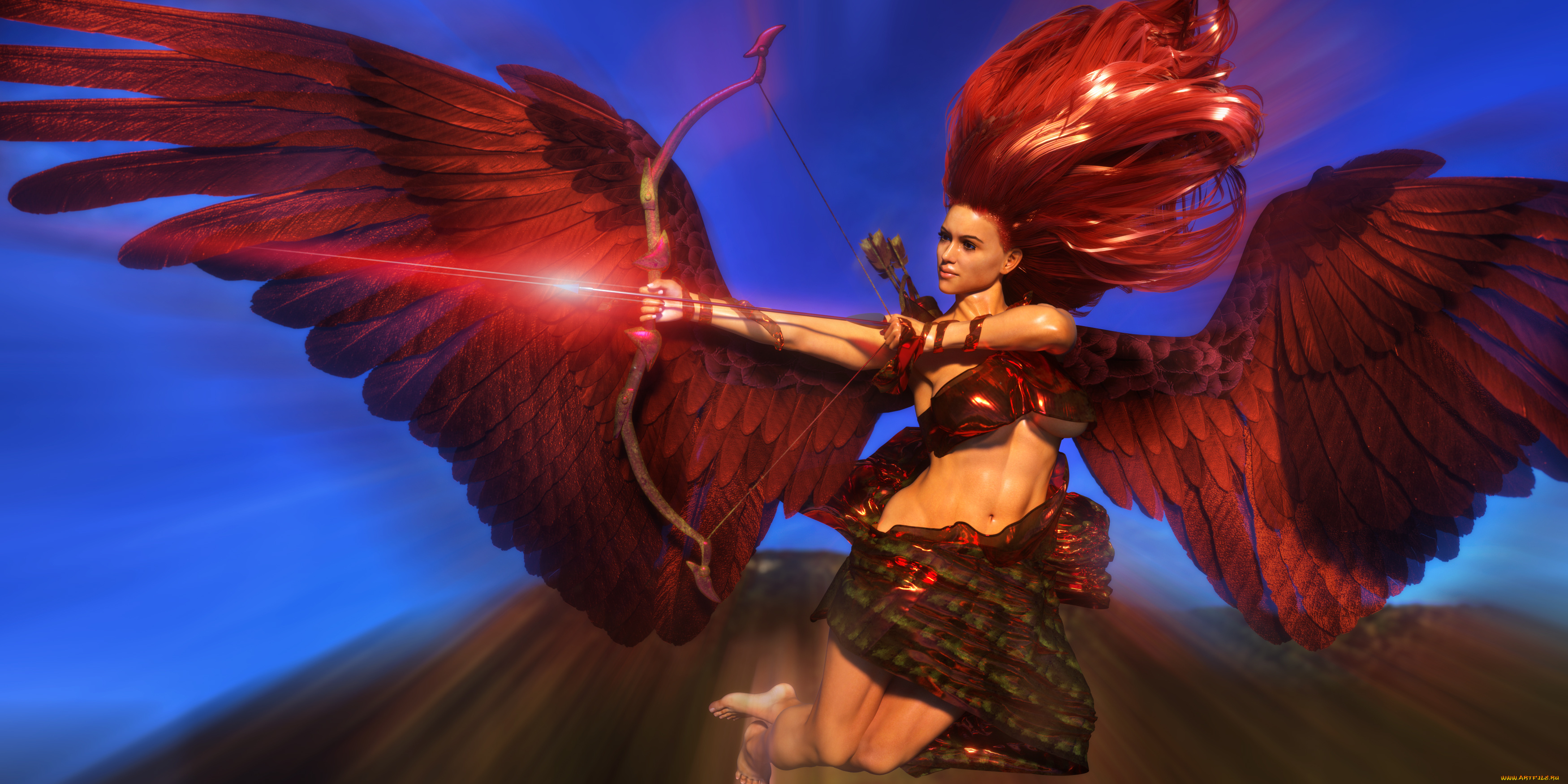 3д, графика, ангел, , angel, стрела, фон, взгляд, девушка, лук, ангел