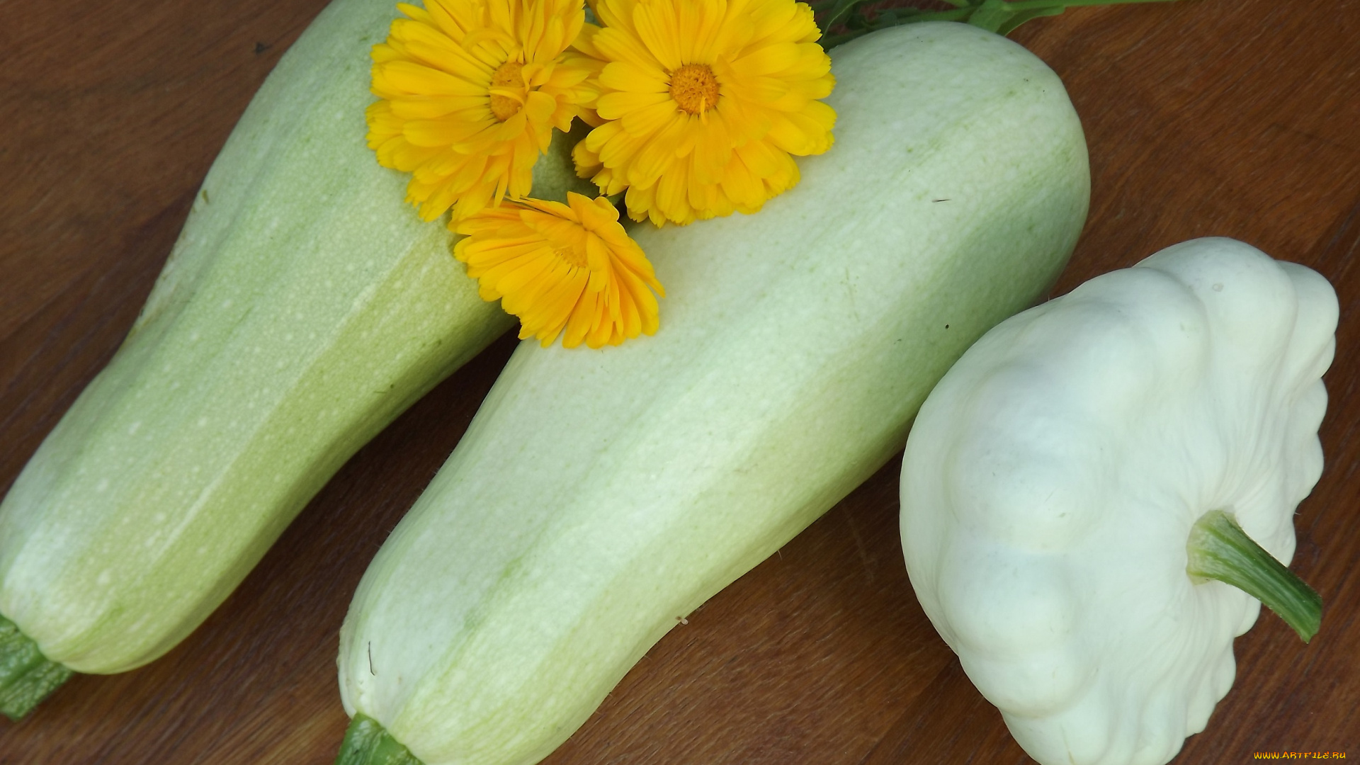 еда, овощи, урожай, патиссон, календула, кабачки
