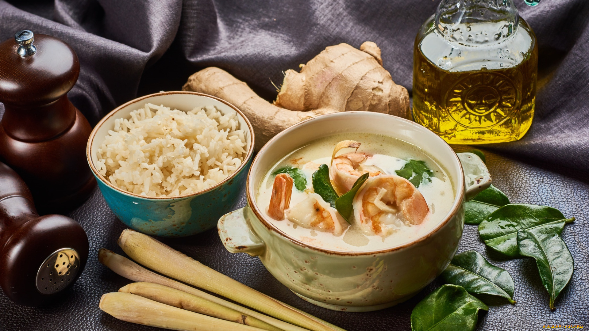 еда, первые, блюда, суп, имбирь, рис, креветки