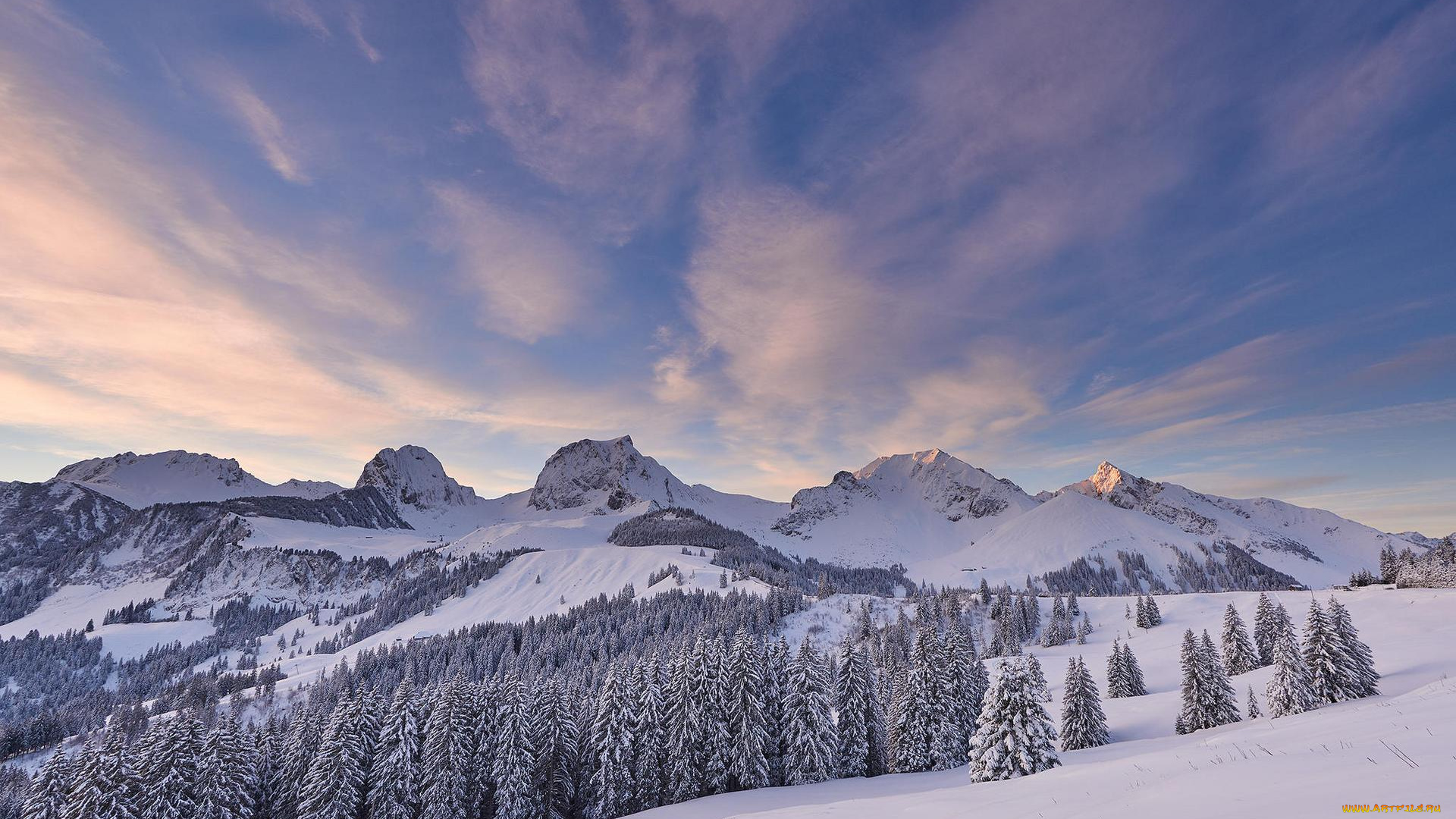 природа, горы, деревья, закат, зима, швейцария