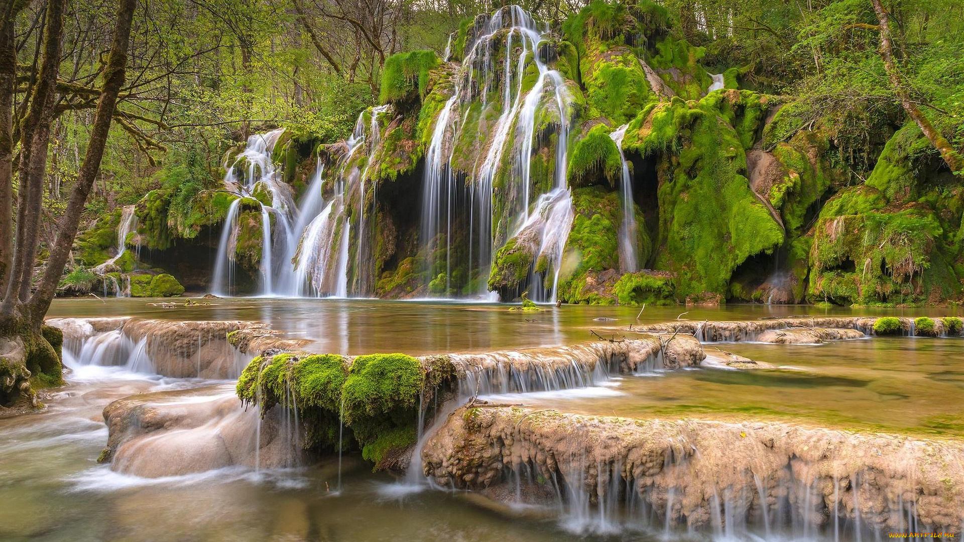 природа, водопады, деревья, лес, водопад, франция, каскады, де, туфс