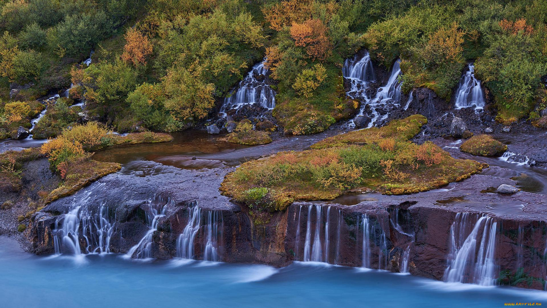 природа, водопады, исландия, хвитау, хрёйнфоссар, скалы, река