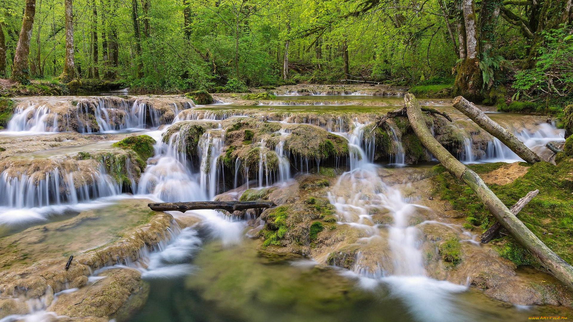 природа, водопады, лес, водопад, каскады, де, туфс, франция, деревья