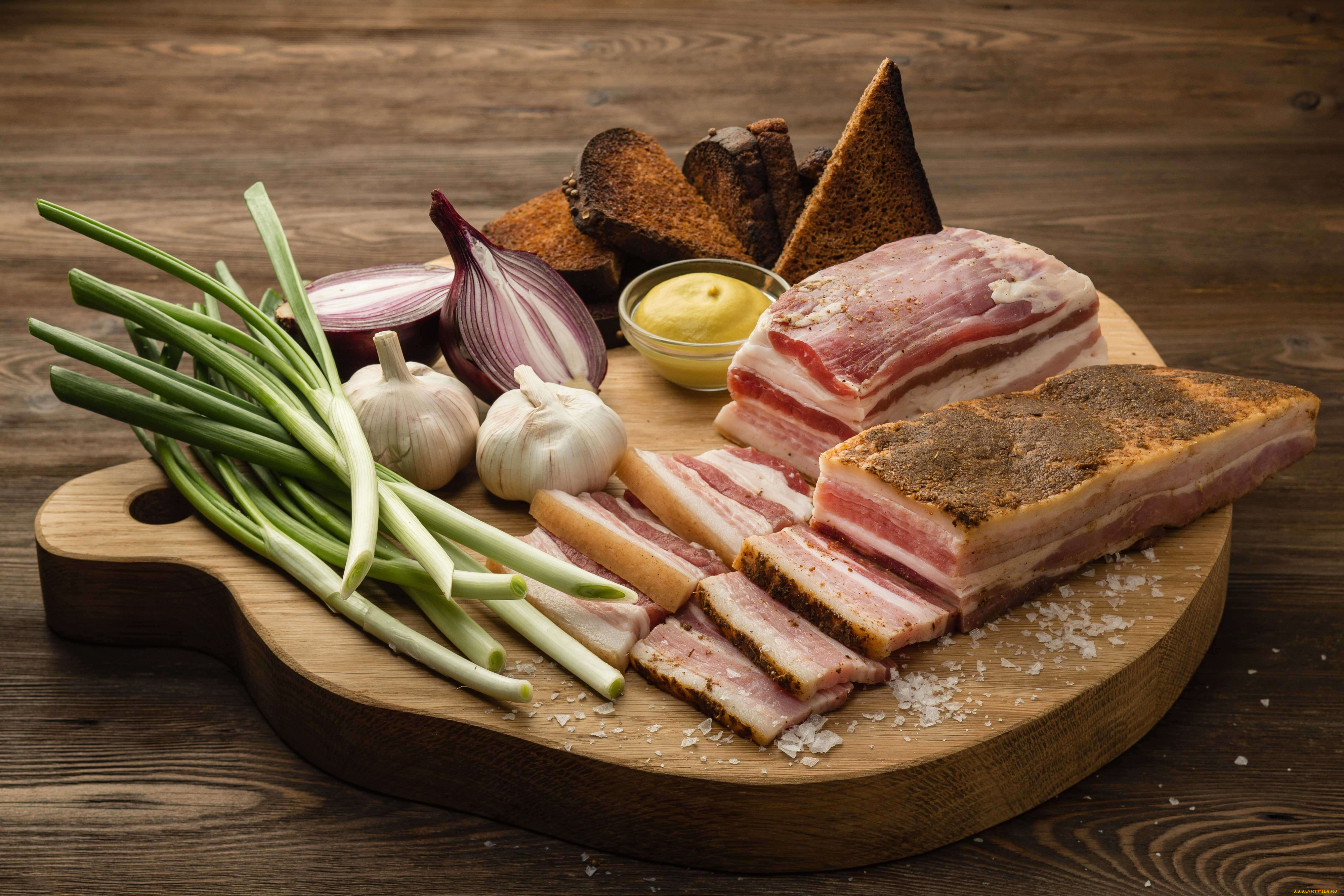 еда, натюрморт, чеснок, сало, горчица, хлеб, лук