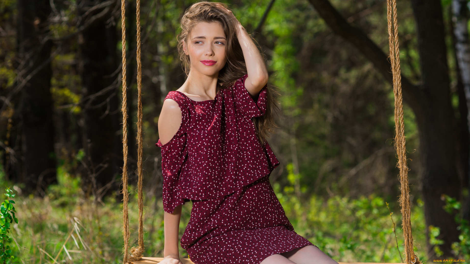 девушки, mila, azul, качели, лес, девушка, фон
