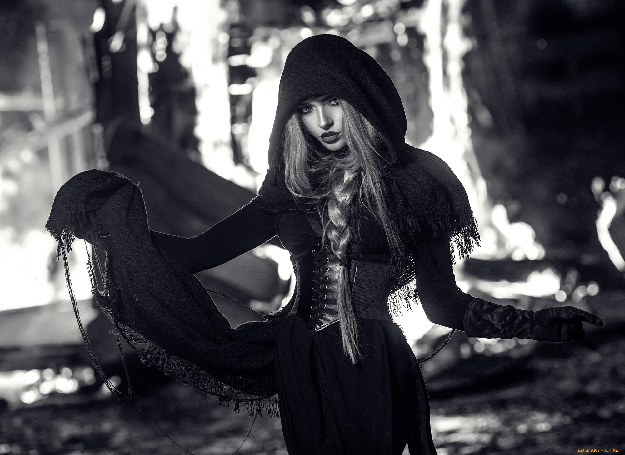 девушки, -unsort, , Черно-белые, обои, перчатки, блондинка, капюшон, корсет, коса