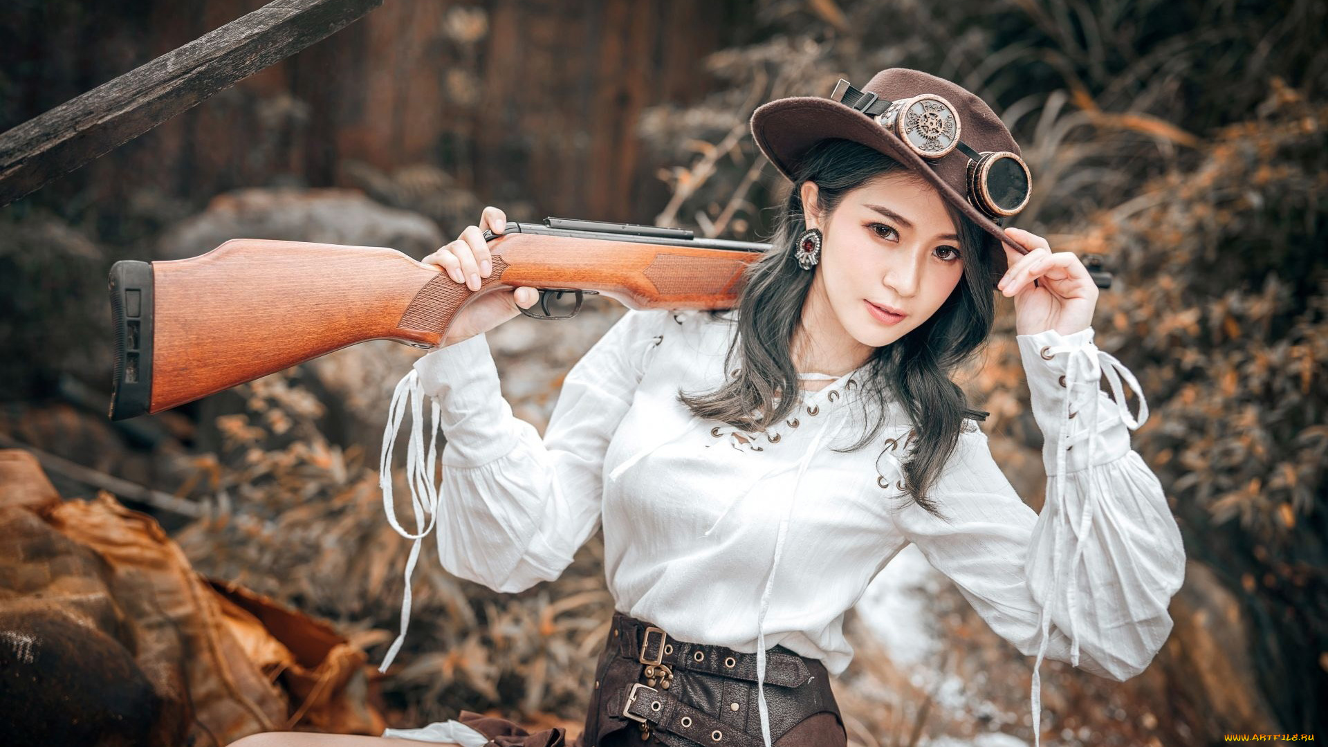 девушки, -, девушки, с, оружием, шляпа, очки, ружье, lin, jiayi