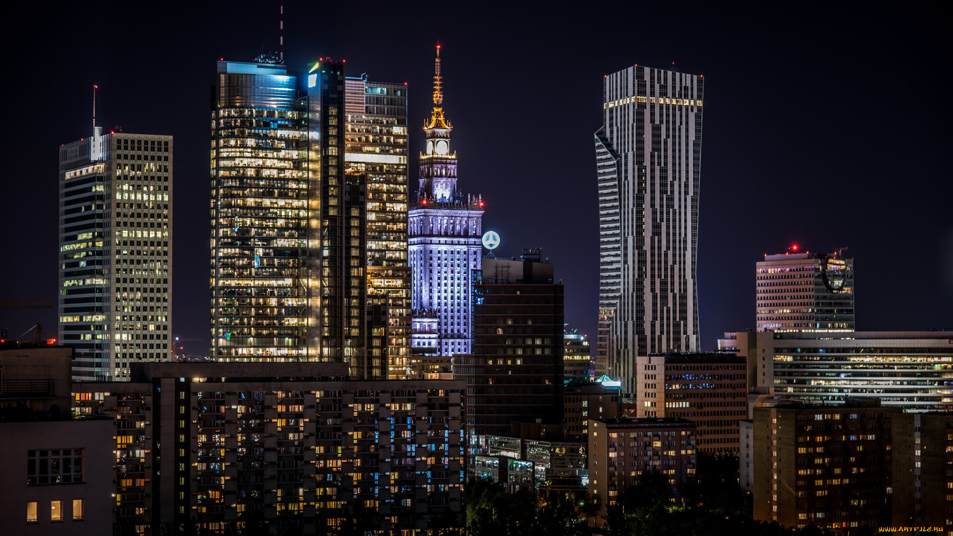 города, варшава, , польша, вечер, огни, панорама