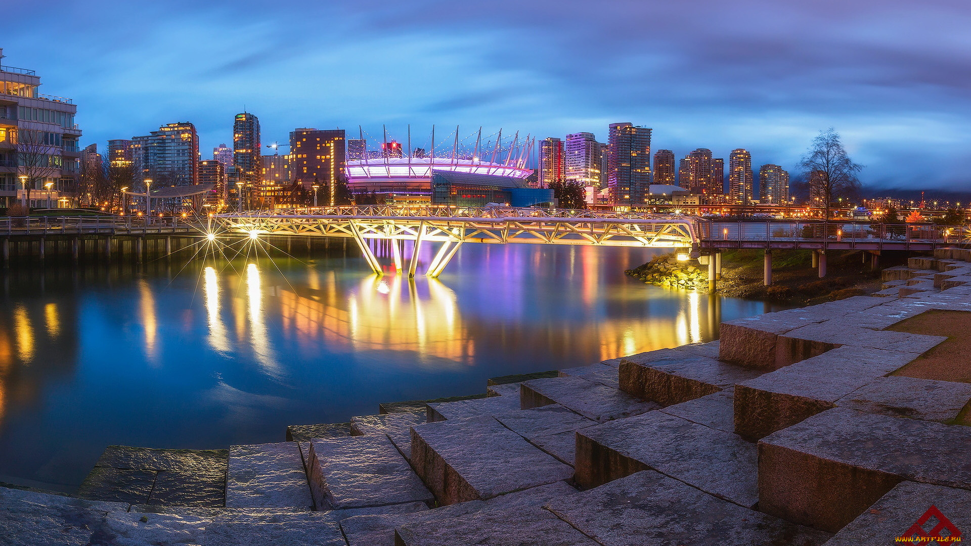 города, ванкувер, , канада, река, мост, вечер, огни