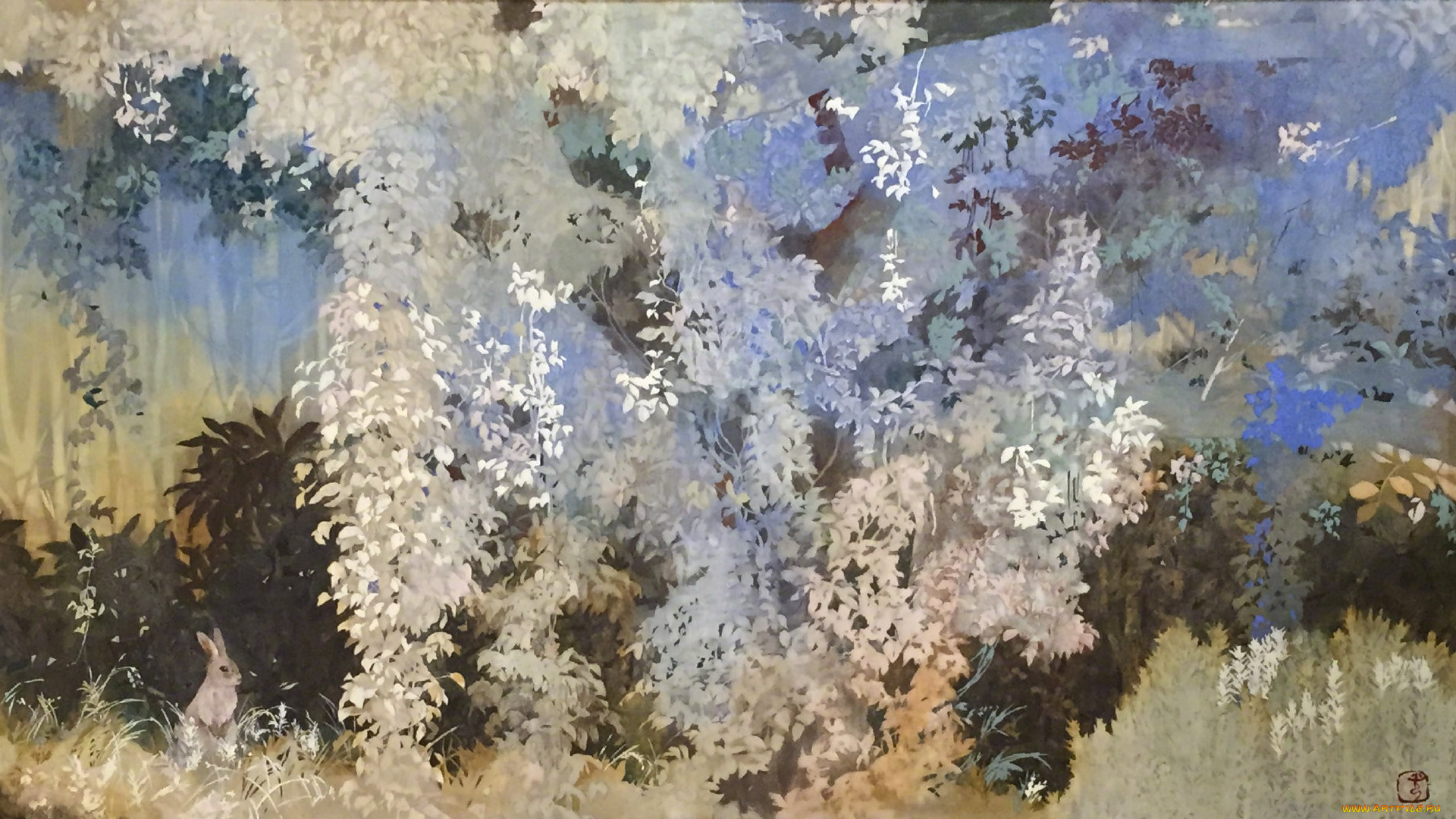 рисованное, природа, дерево, заяц