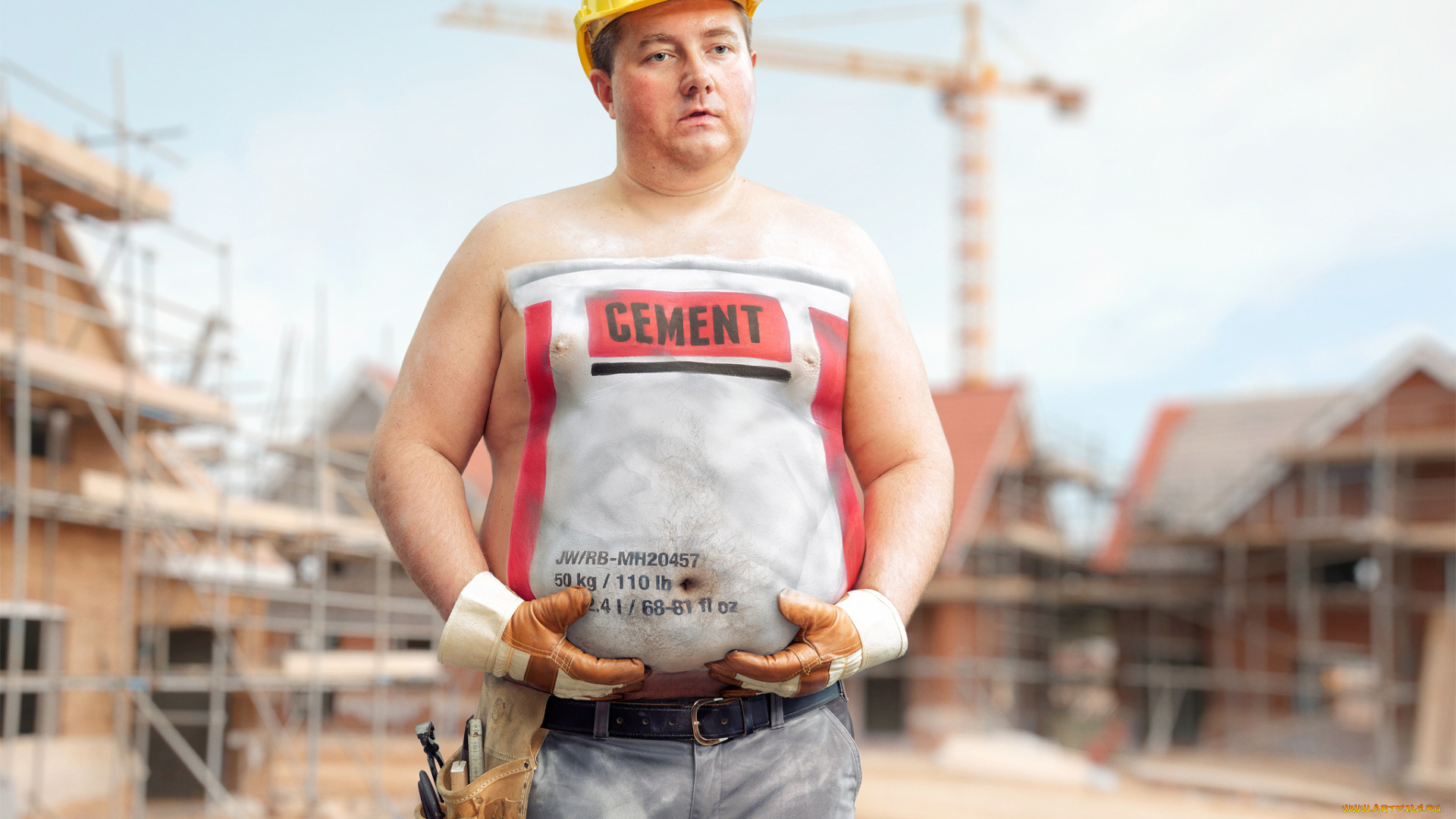 юмор, и, приколы, рабочий, стройка, цемент, бодиарт, каска