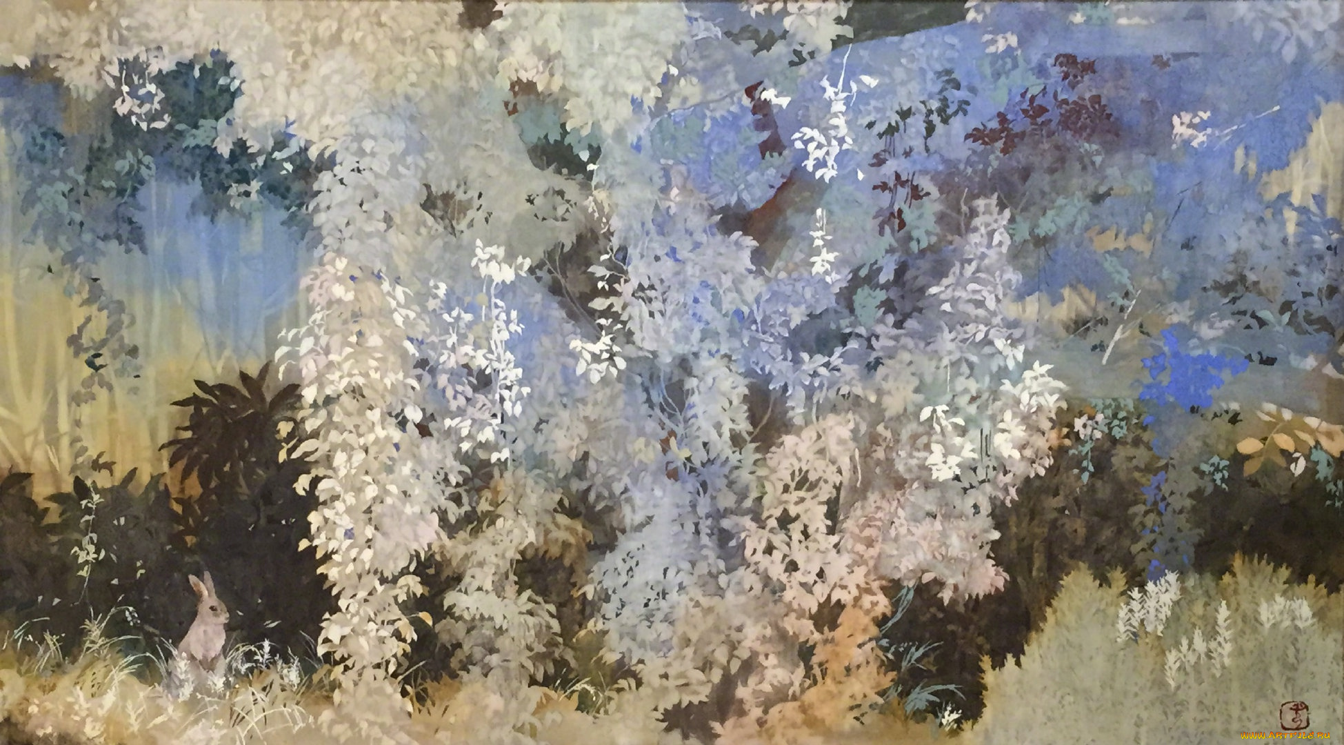 рисованное, природа, дерево, заяц