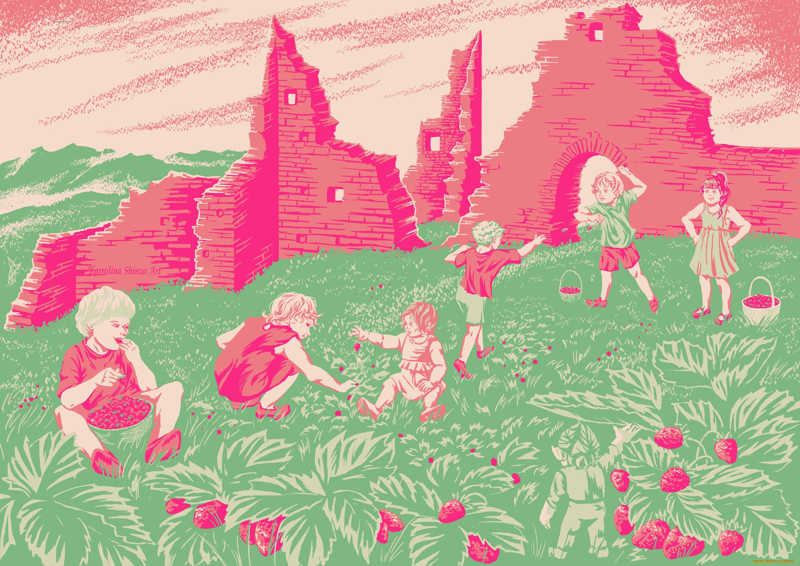 рисованное, дети, поляна, развалины, ягоды