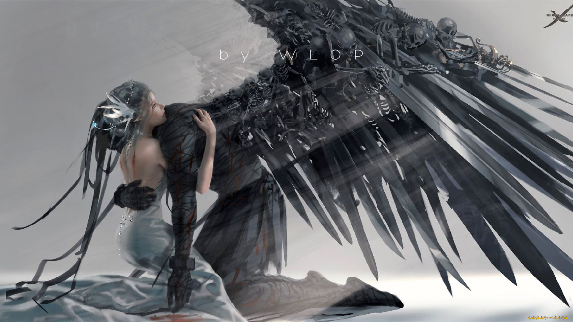 фэнтези, _ghost, blade, , , призрачный, клинок, девушка, эльфийка, объятия, ангел