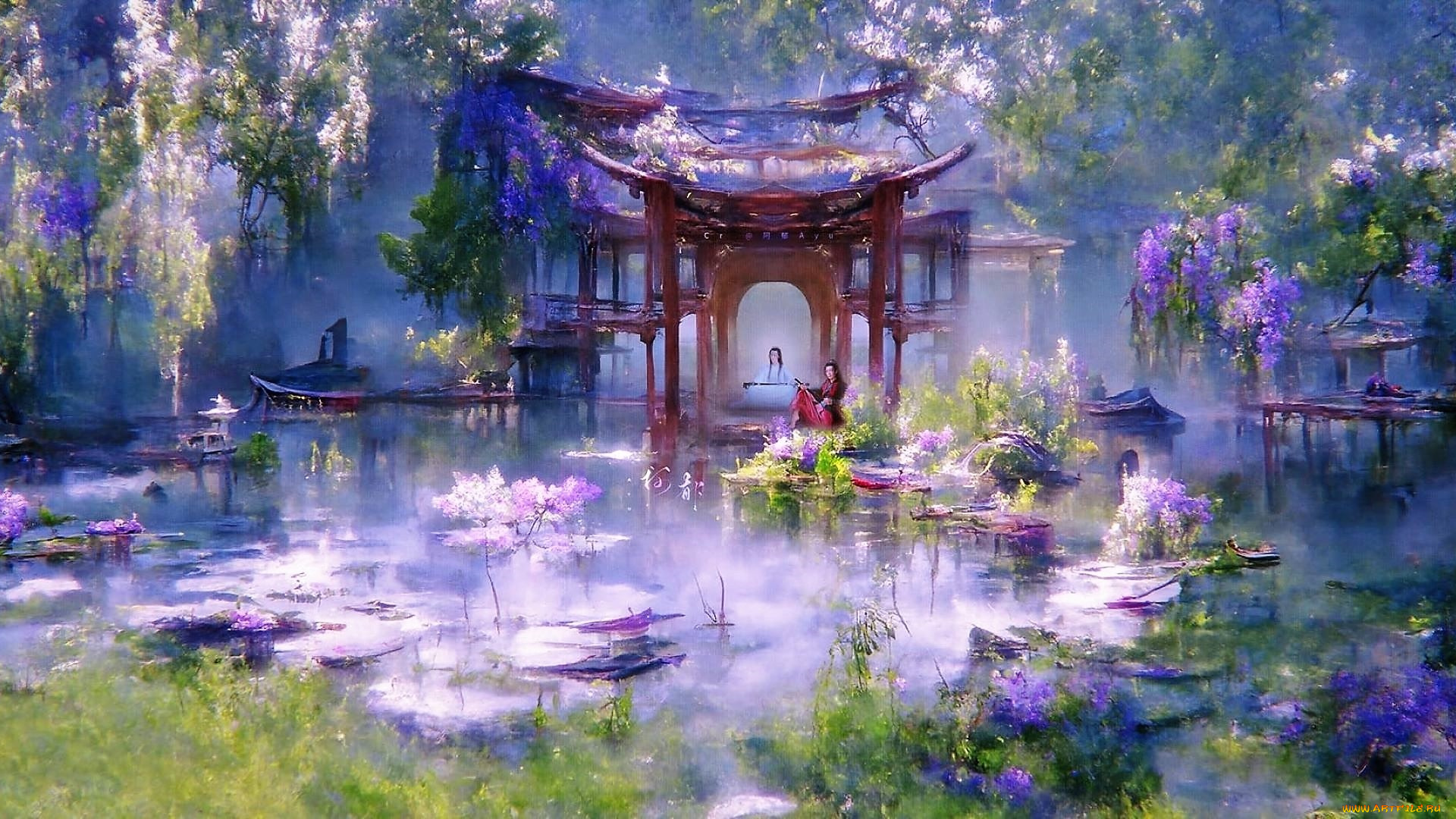 рисованное, кино, , мультфильмы, вэй, усянь, лань, ванцзи, глициния, беседка, озеро