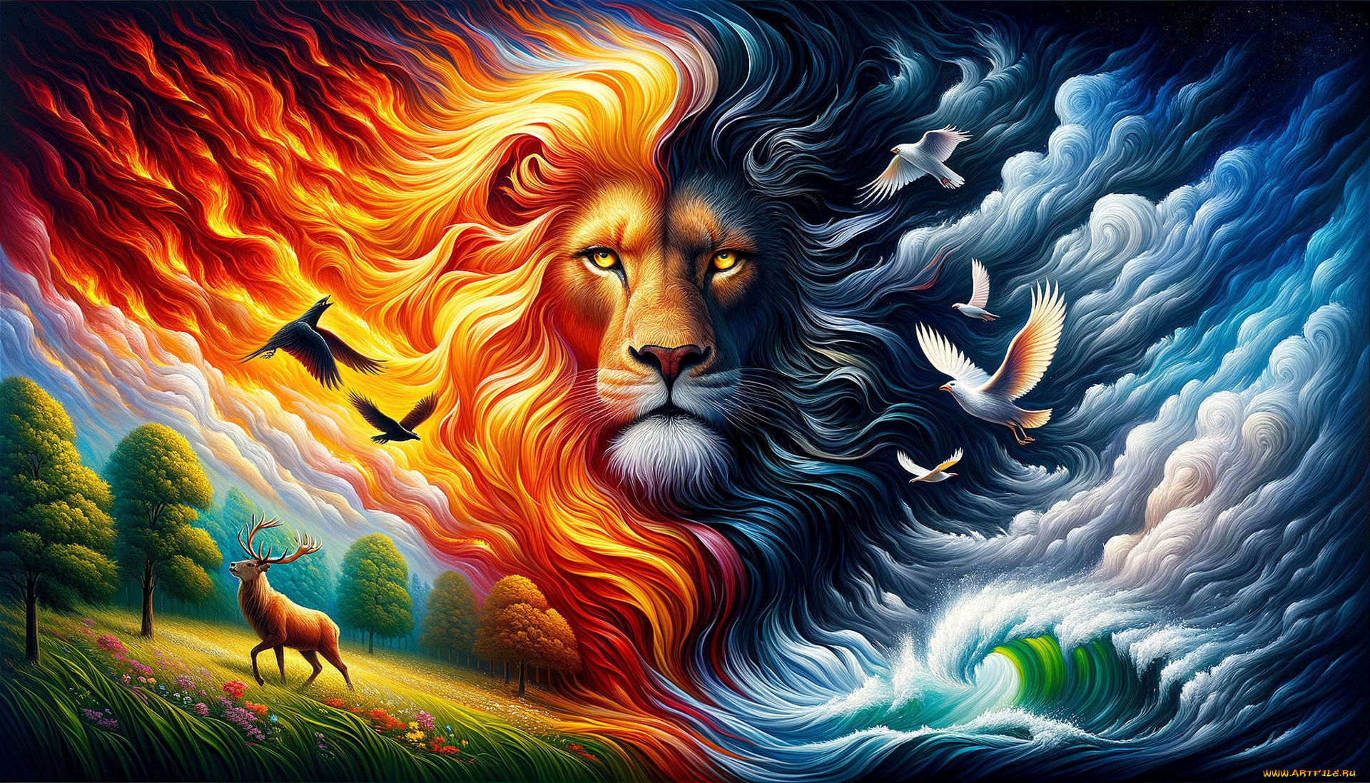 рисованное, животные, лев