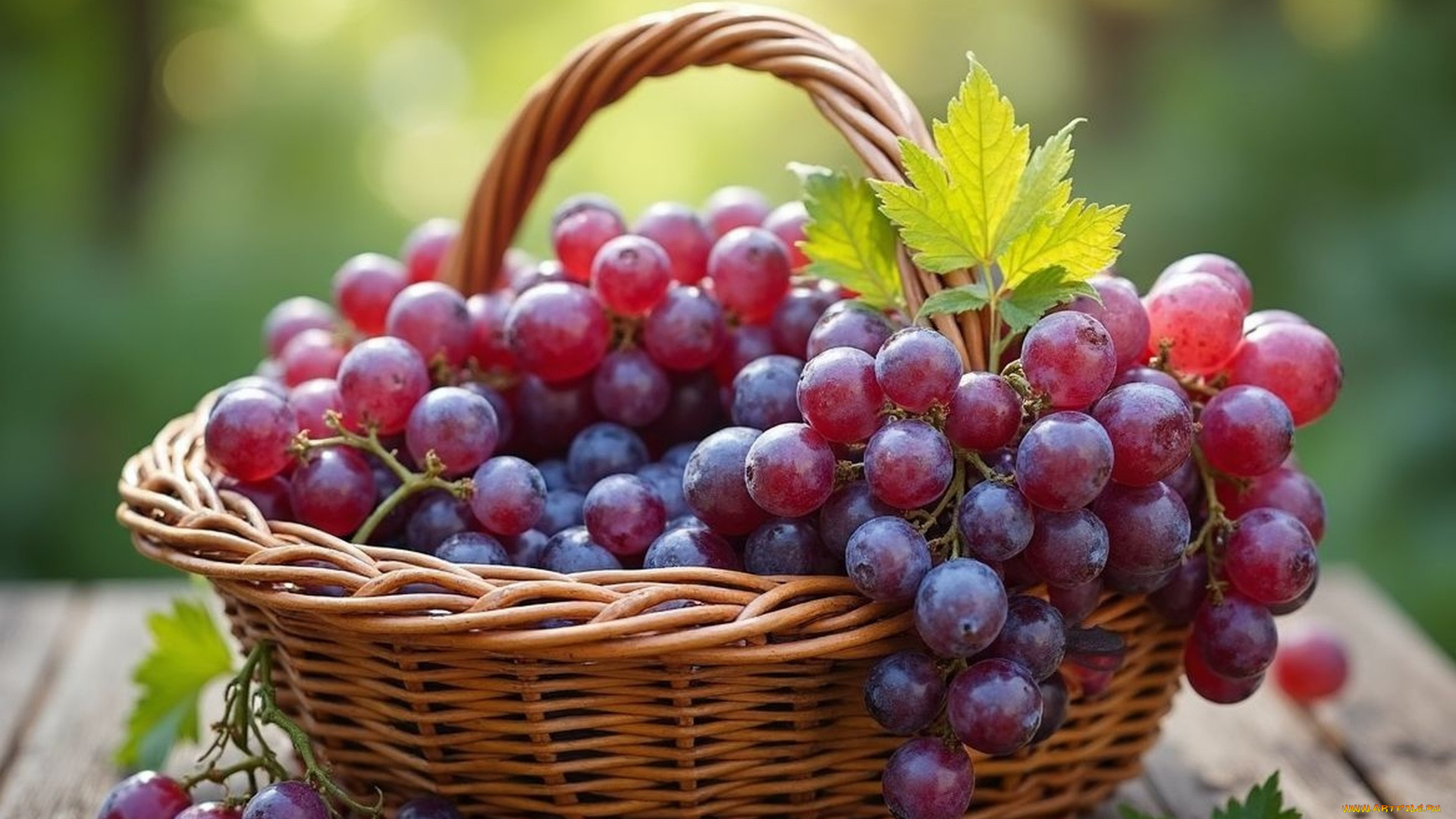 еда, виноград, корзинка, ягоды, листья, гроздья
