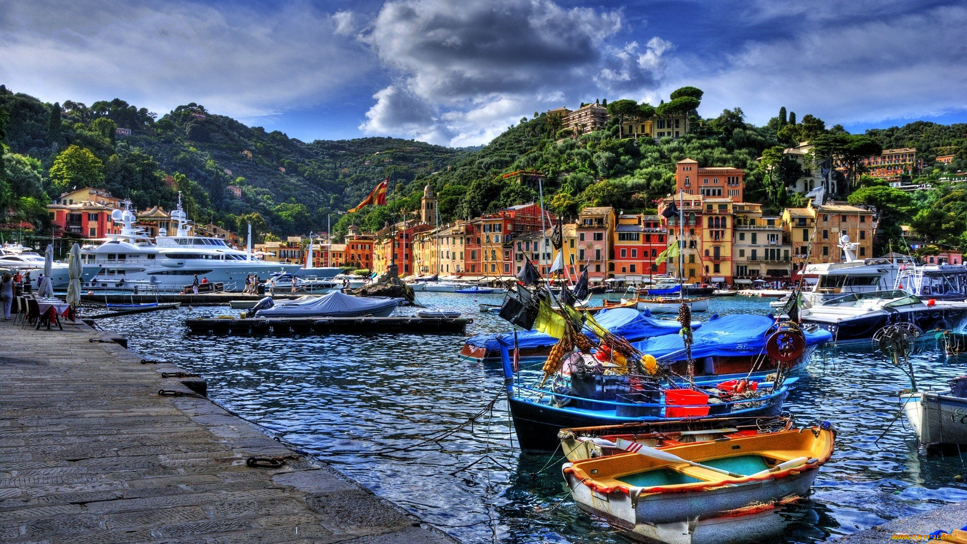 портофино, города, -, улицы, , площади, , набережные, небо, облака, горы, дома, деревья, яхты, лодки, причал
