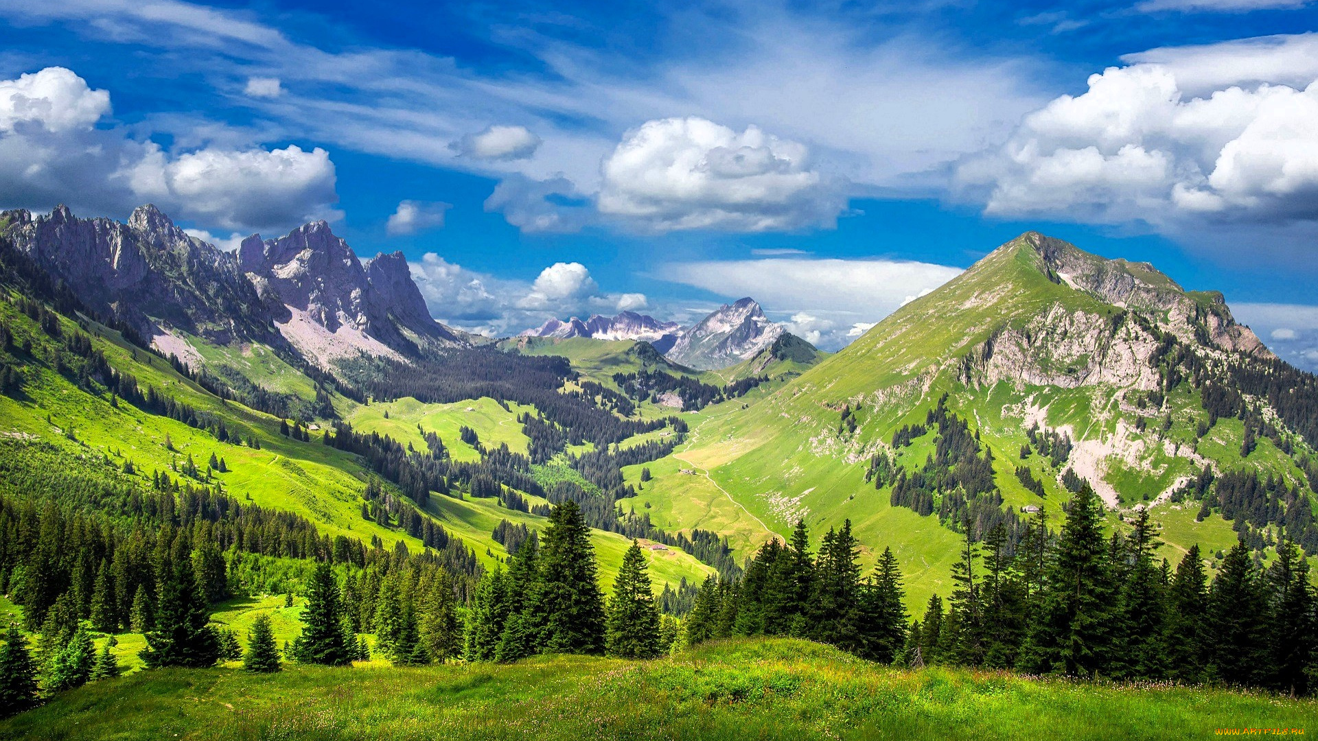 природа, горы, облака, долина, деревья