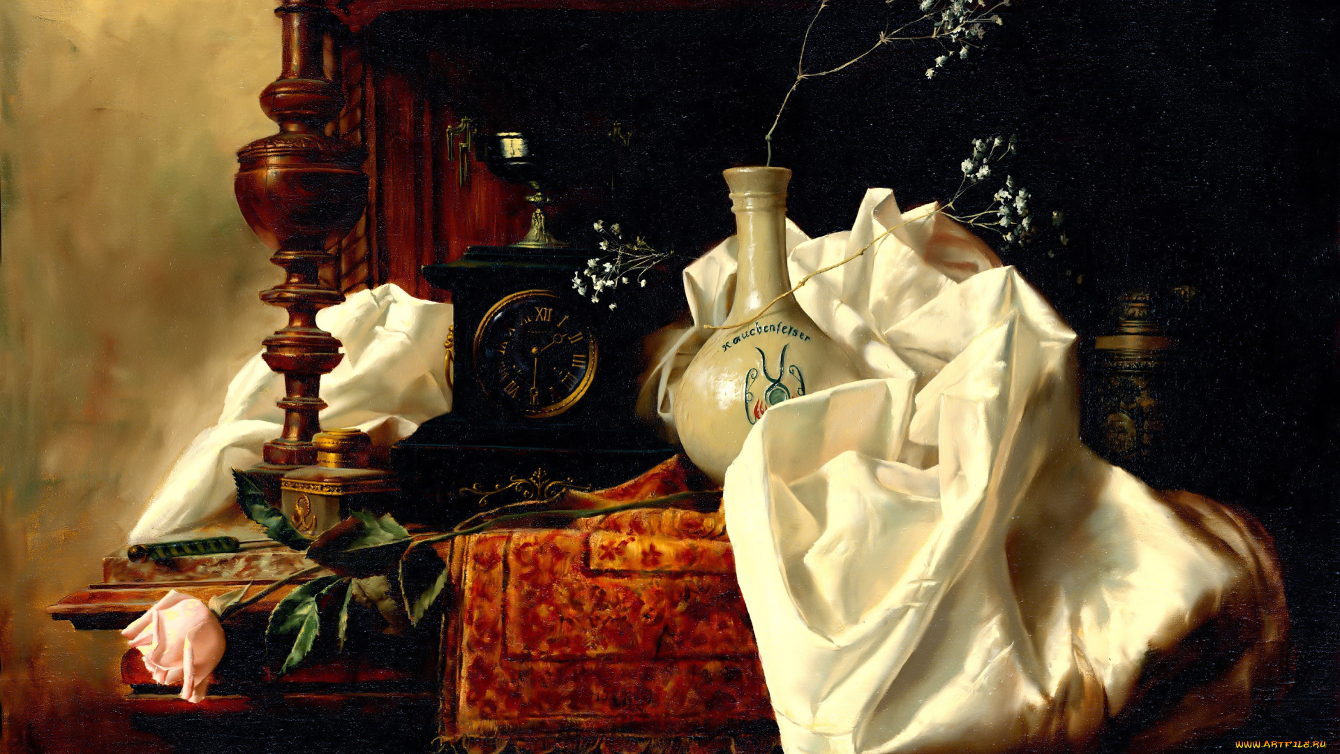 рисованное, алексей, антонов, полка, часы, цветок, ткань, ваза