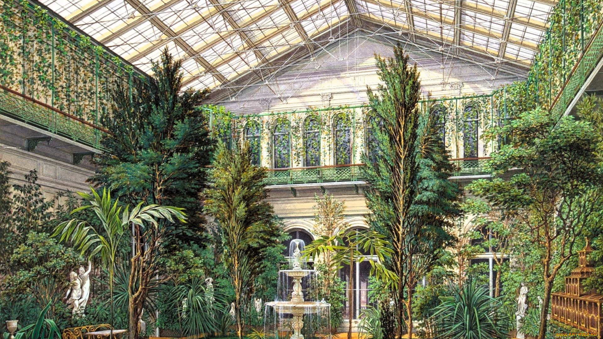 рисованное, эдуард, гау, теплица, растения, сад, фонтан