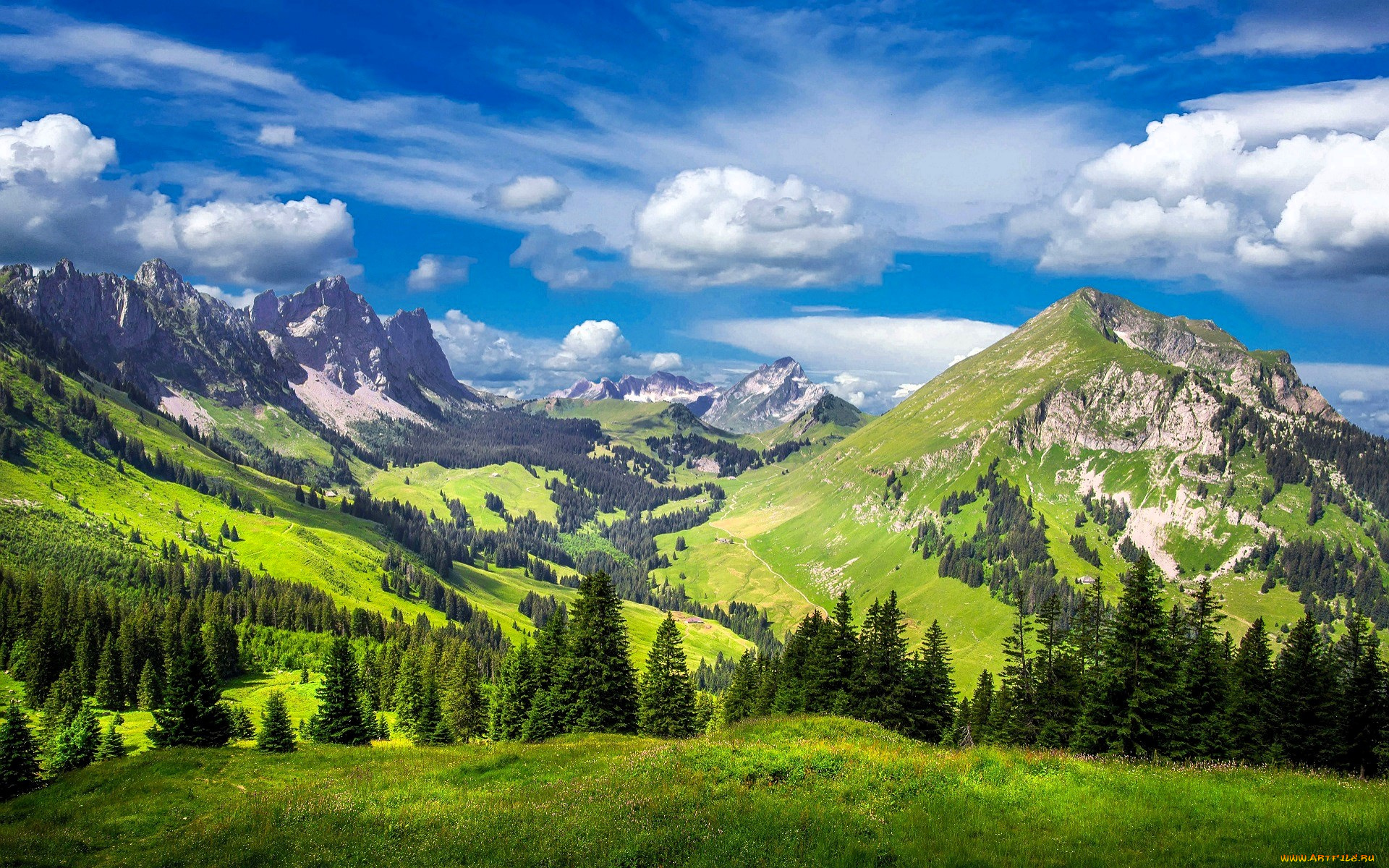 природа, горы, облака, долина, деревья