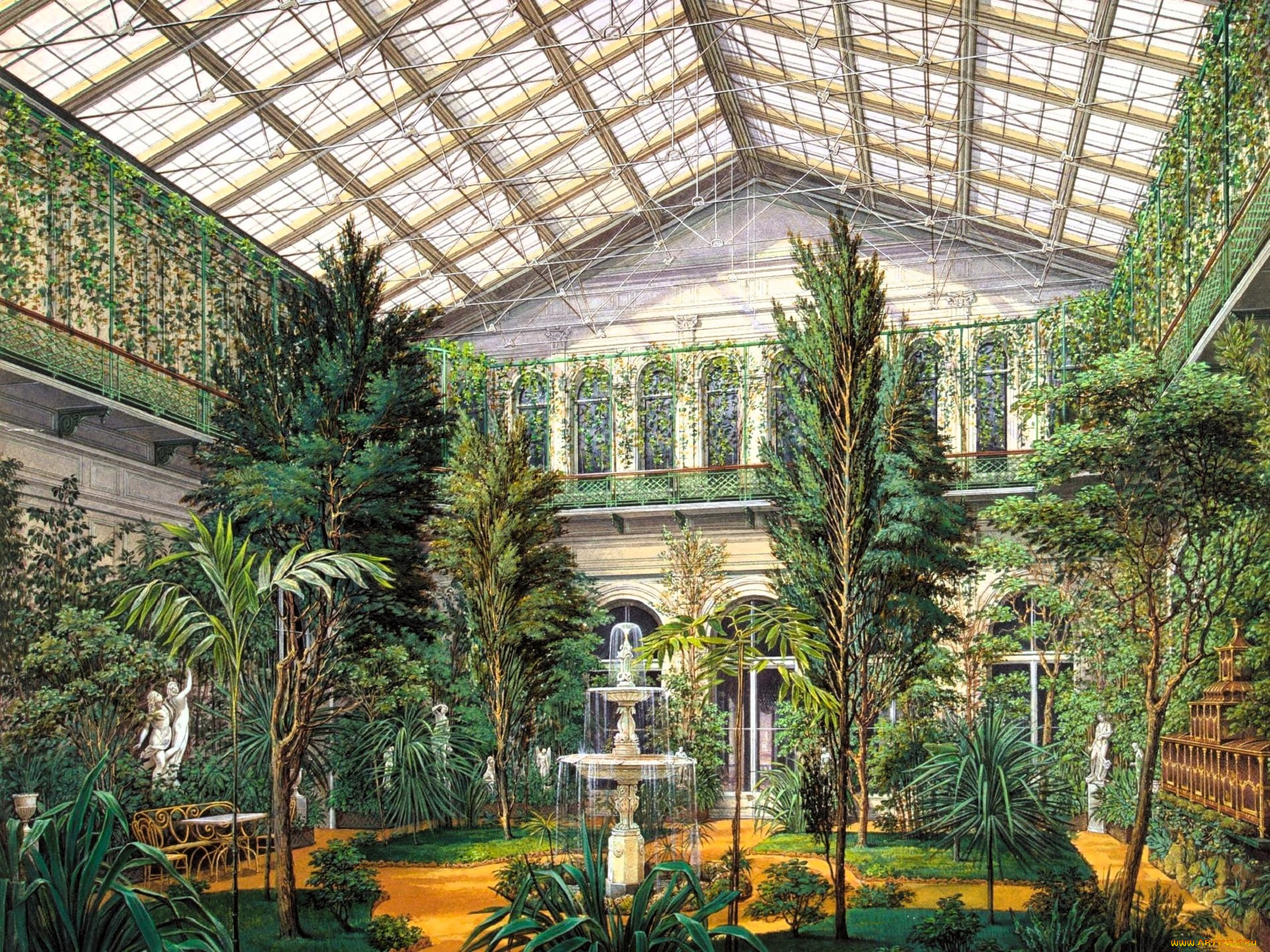 рисованное, эдуард, гау, теплица, растения, сад, фонтан