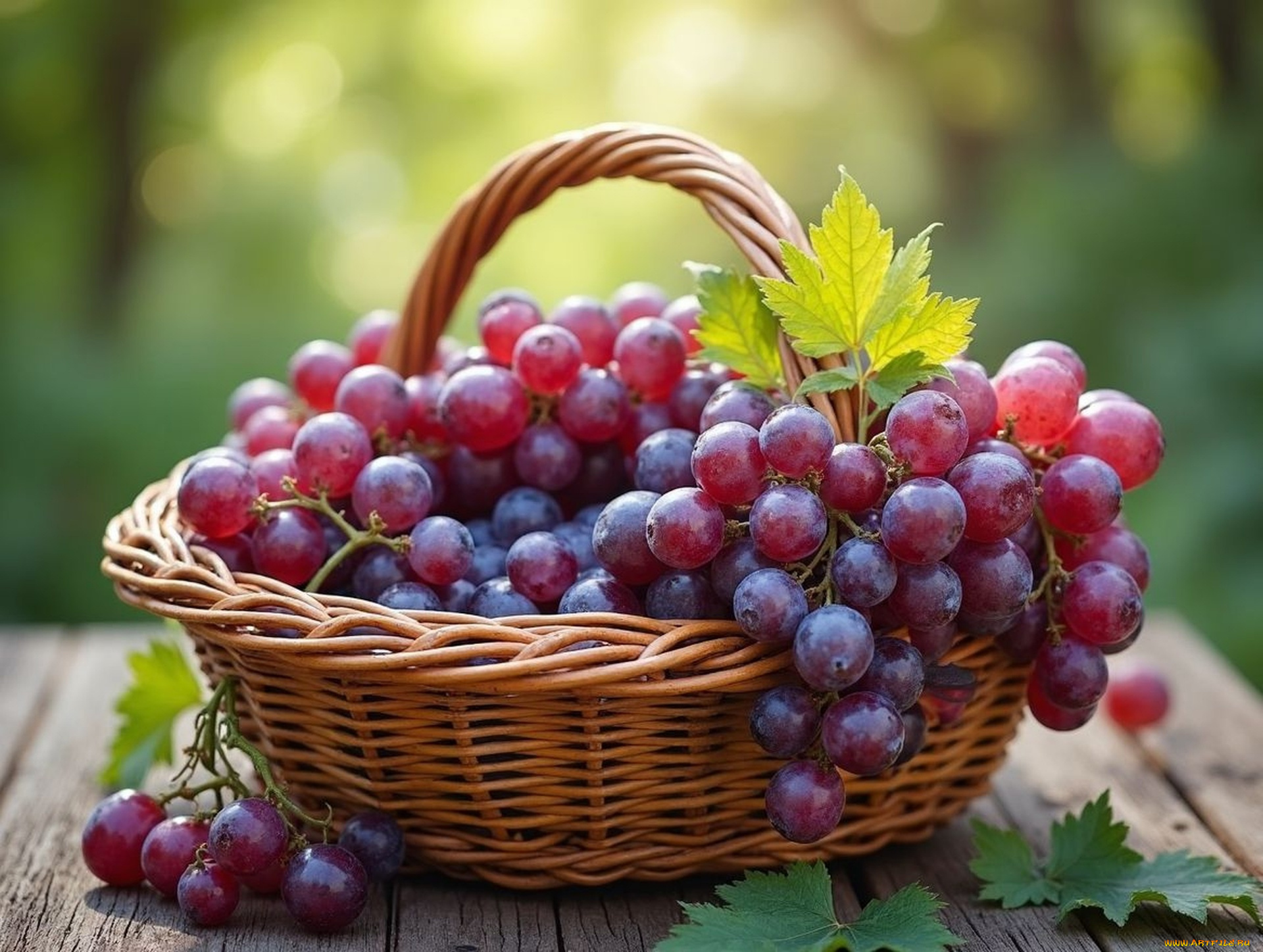 еда, виноград, корзинка, ягоды, листья, гроздья